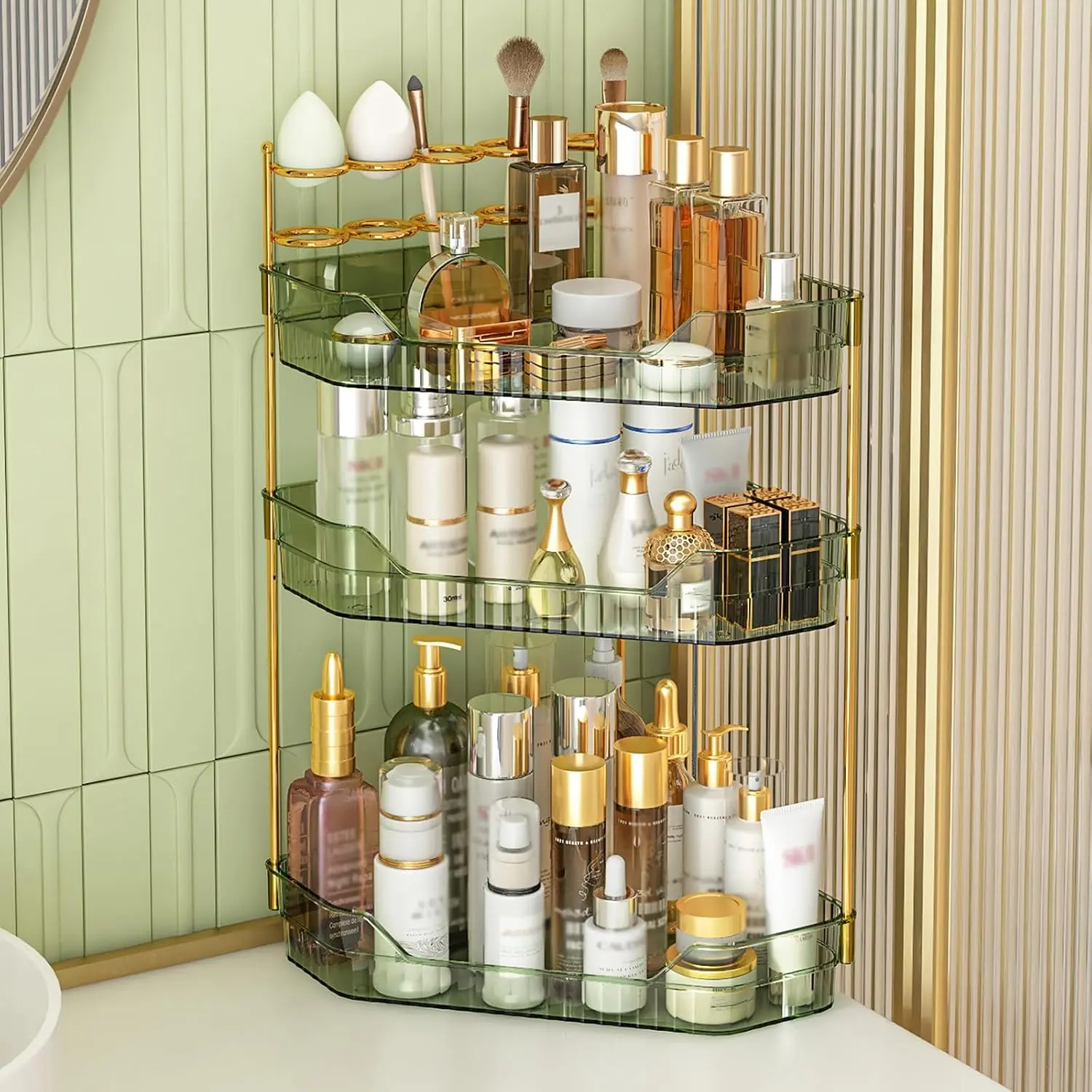 Corner Bathroom Counter Organizer with Makeup Brush Holder &  Holders, Makeup Organizer for  Countertop,  Skincare Storage Shelf (Green, 3-Tier)