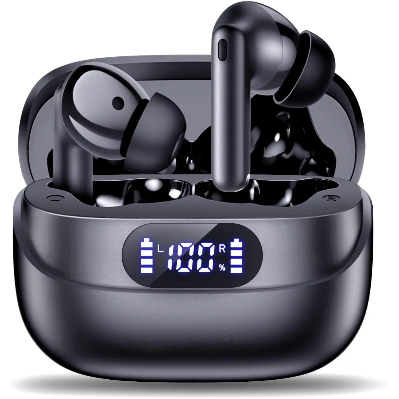 Wireless Bluetooth 5.3 Earbuds with 42H Playback, HiFi Stereo Sound, Call Noise Cancelling, IPX7 Waterproof, LED Display - Black (for iOS & Android)Gift