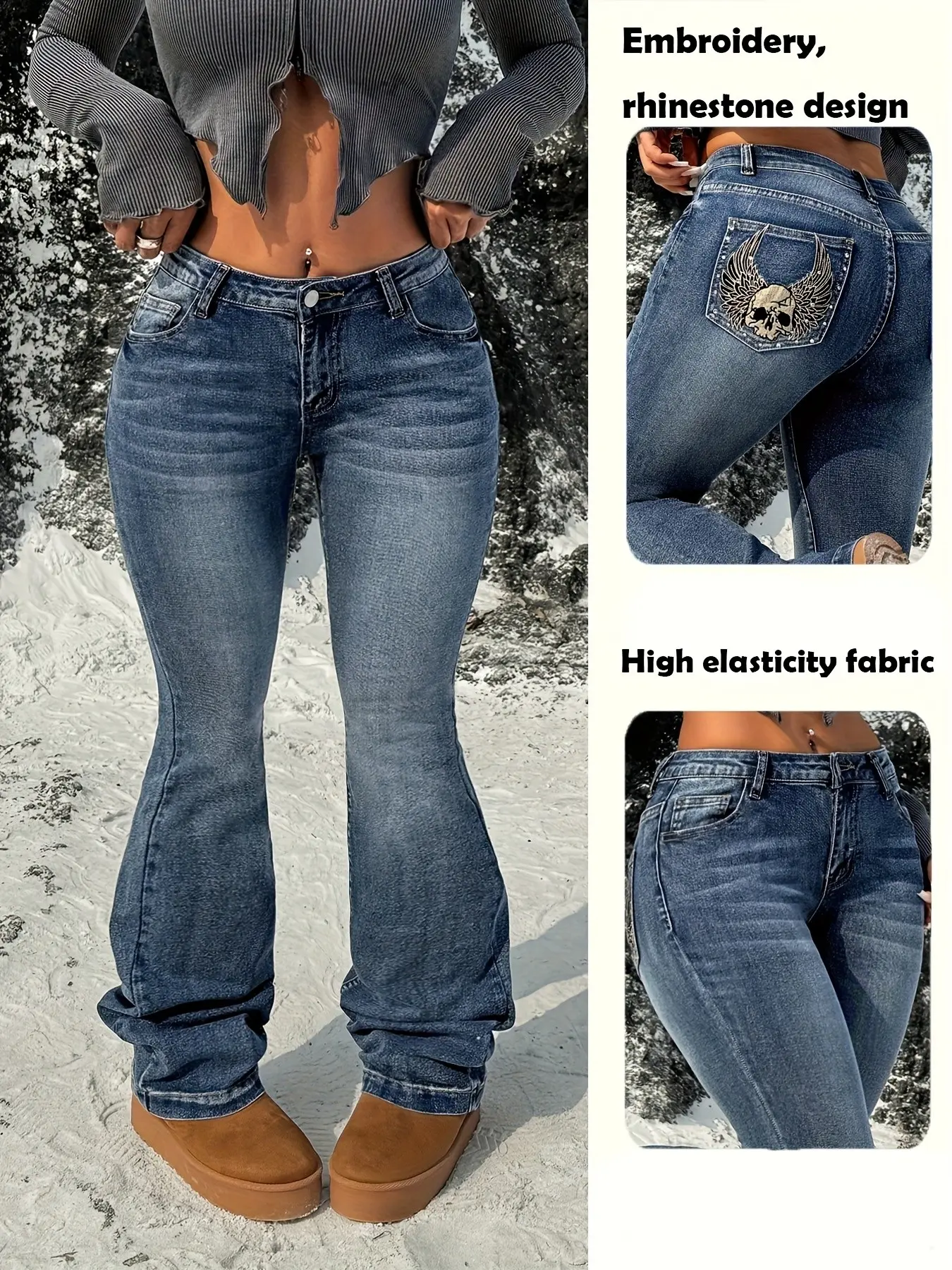 Women's Casual Embroidered Rhinestone Elastic Denim Bell Bottom Pants, Stylish Long Trousers for Everyday Wear, Comfortable and Trendy