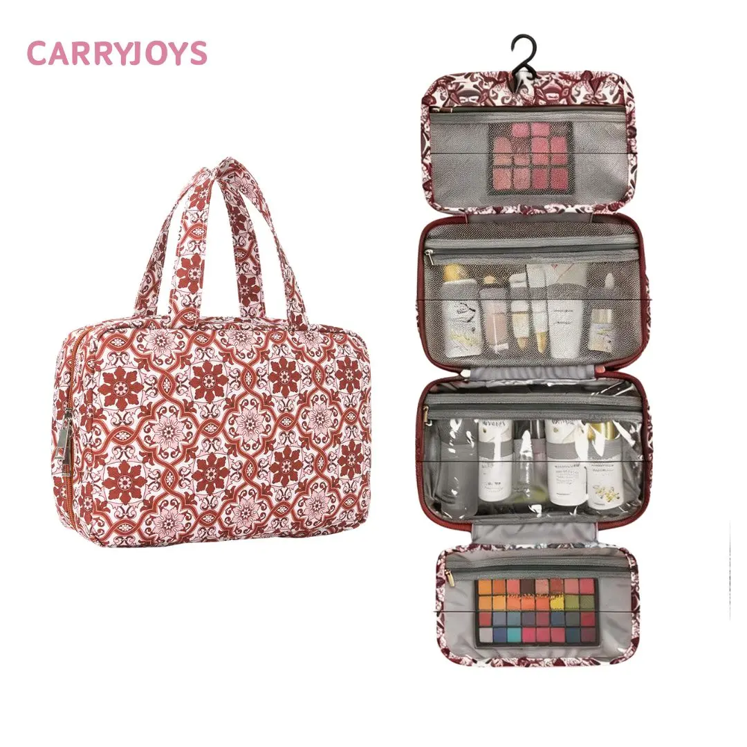 Floral Hanging Toiletry Bag for Women, Foldable Travel Makeup Organizer with Hook, Clear Pockets, Large Cosmetic Wash Bag for Vacation, Dorm, Gym,Cruise