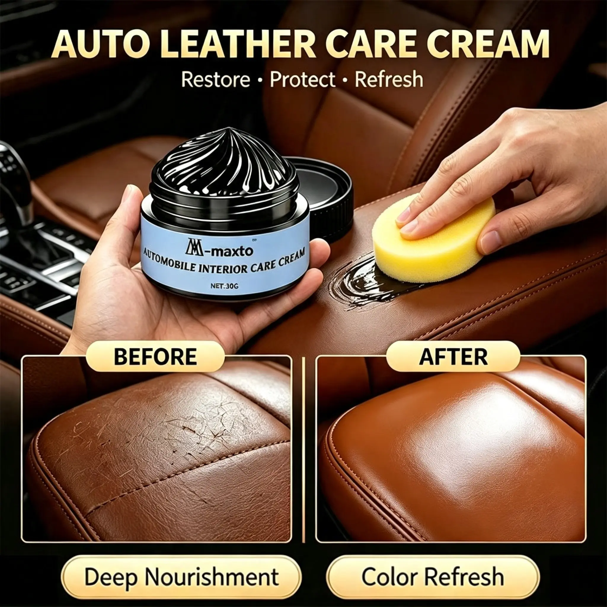 30g Auto Leather Refurbishment Care Ointment Car Interior Leather Color Revitalizer Nourishing Protective Cream Repair Dry Worn Leather Surfaces