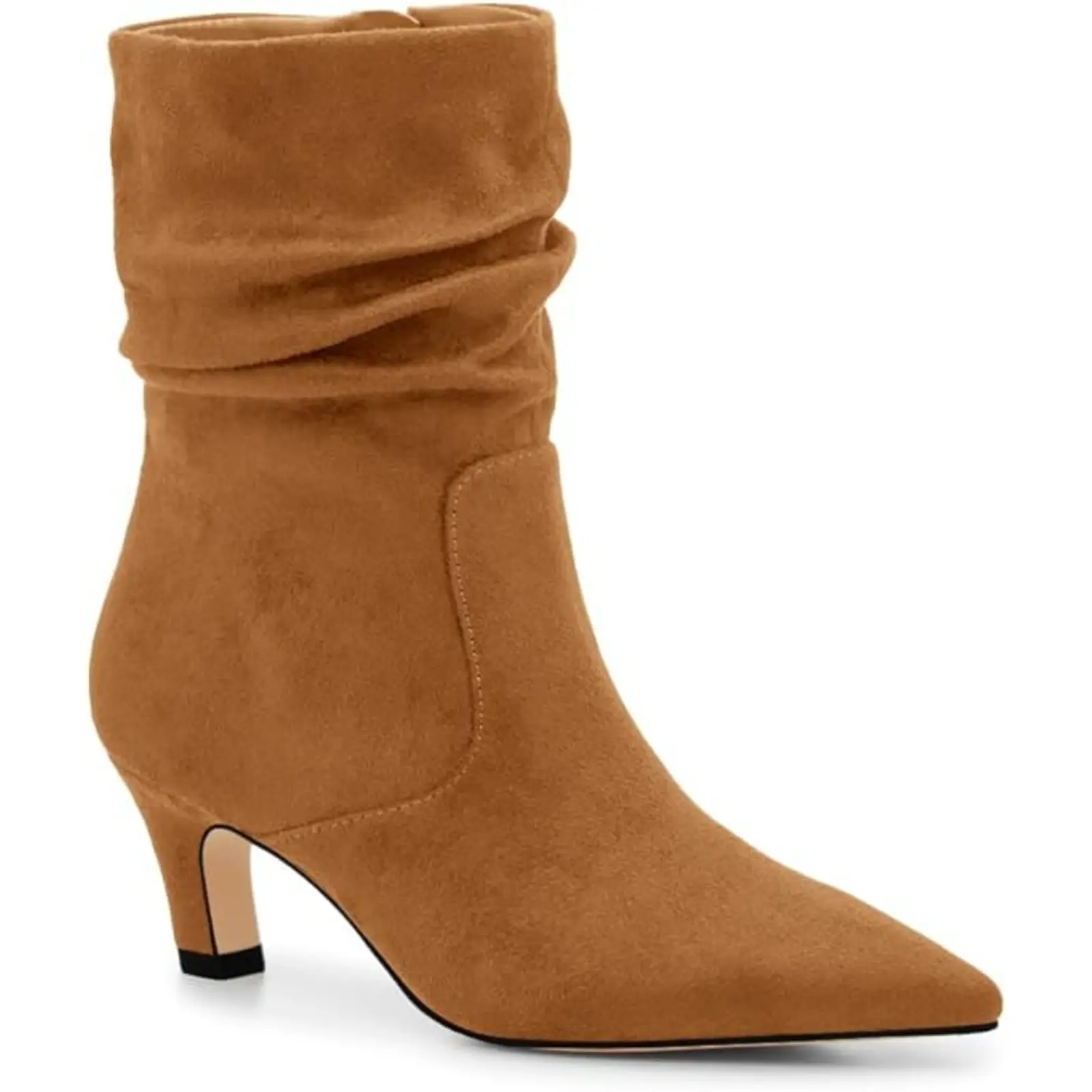 Coutgo Women's Minimalist Ankle Booties, Casual Slouchy Breathable Lightweight Faux Leather Pointed Toe Kitten Heels with Low Heel, Side Zipper, Plain Design, Rubber Sole, Synthetic Material, All Seasons