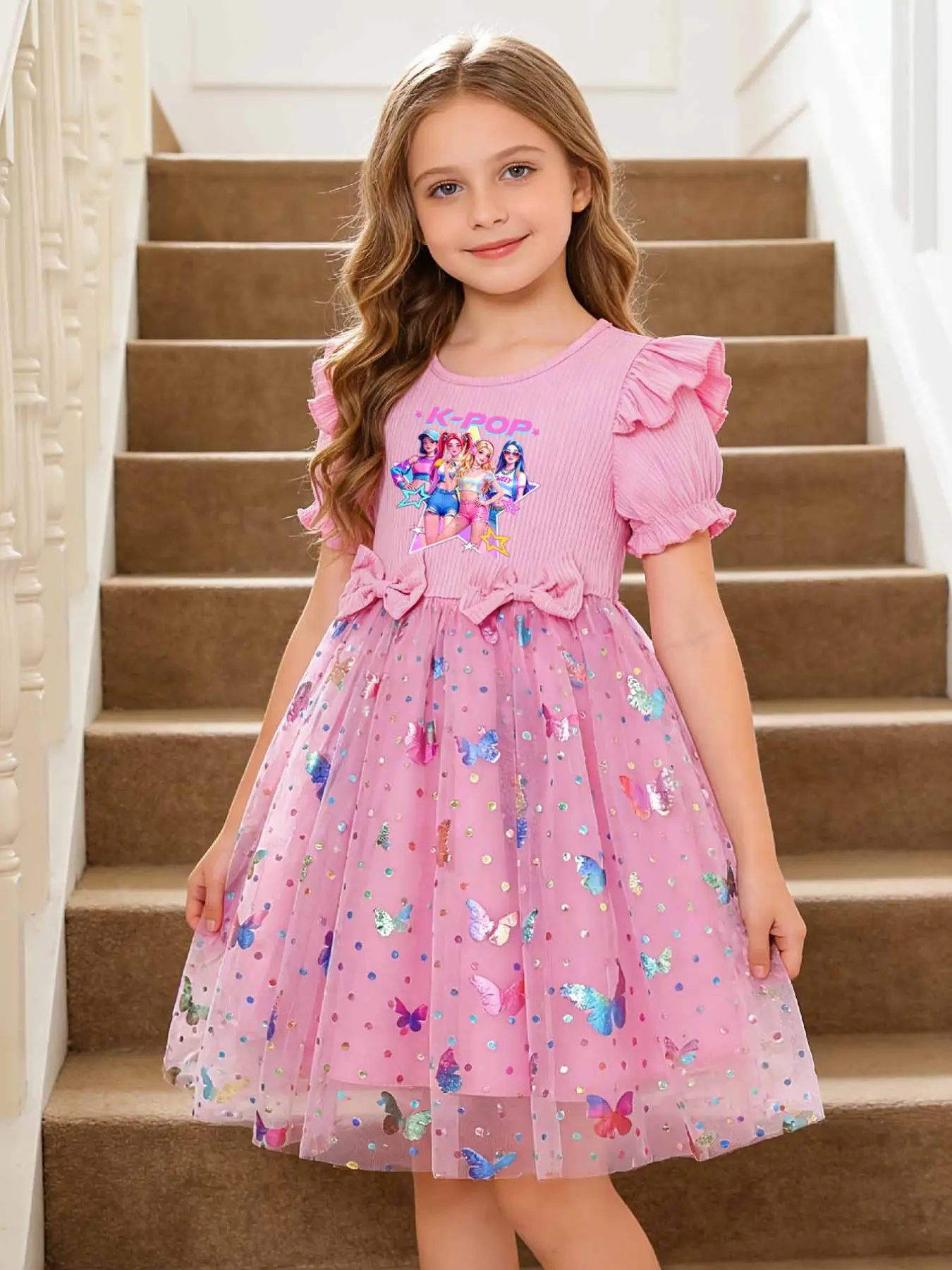 Summer Striped Sleeveless Girl Dress, Idol Group Print, 3D Butterfly Sequins, Mesh Princess Tutu, Perfect for Photoshoots and Birthdays