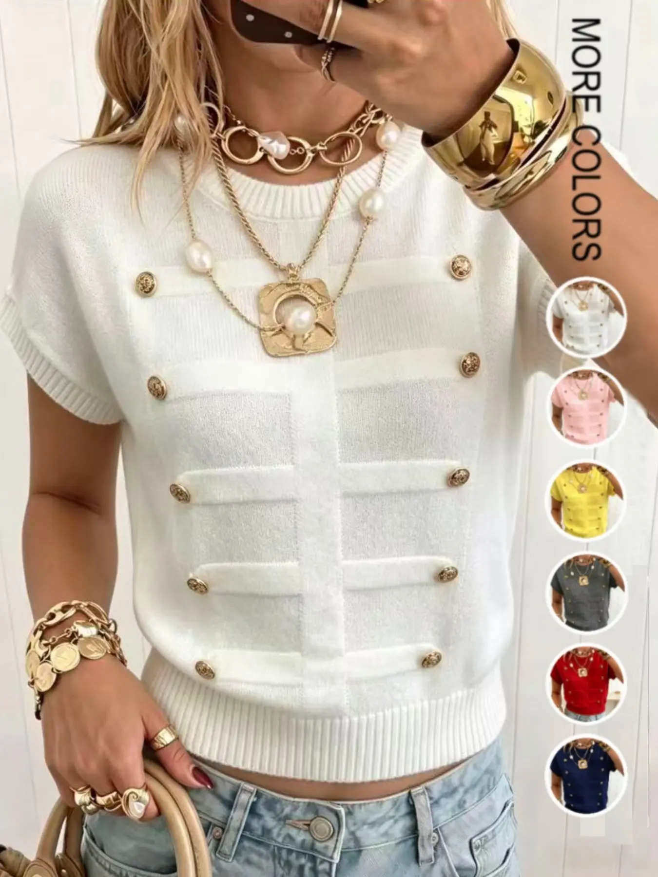Women's Vintage Round Neck Knit Top, Metal Button Short Sleeve T-Shirt, Elegant and Comfortable, Casual Fashion, Versatile Daily Wear