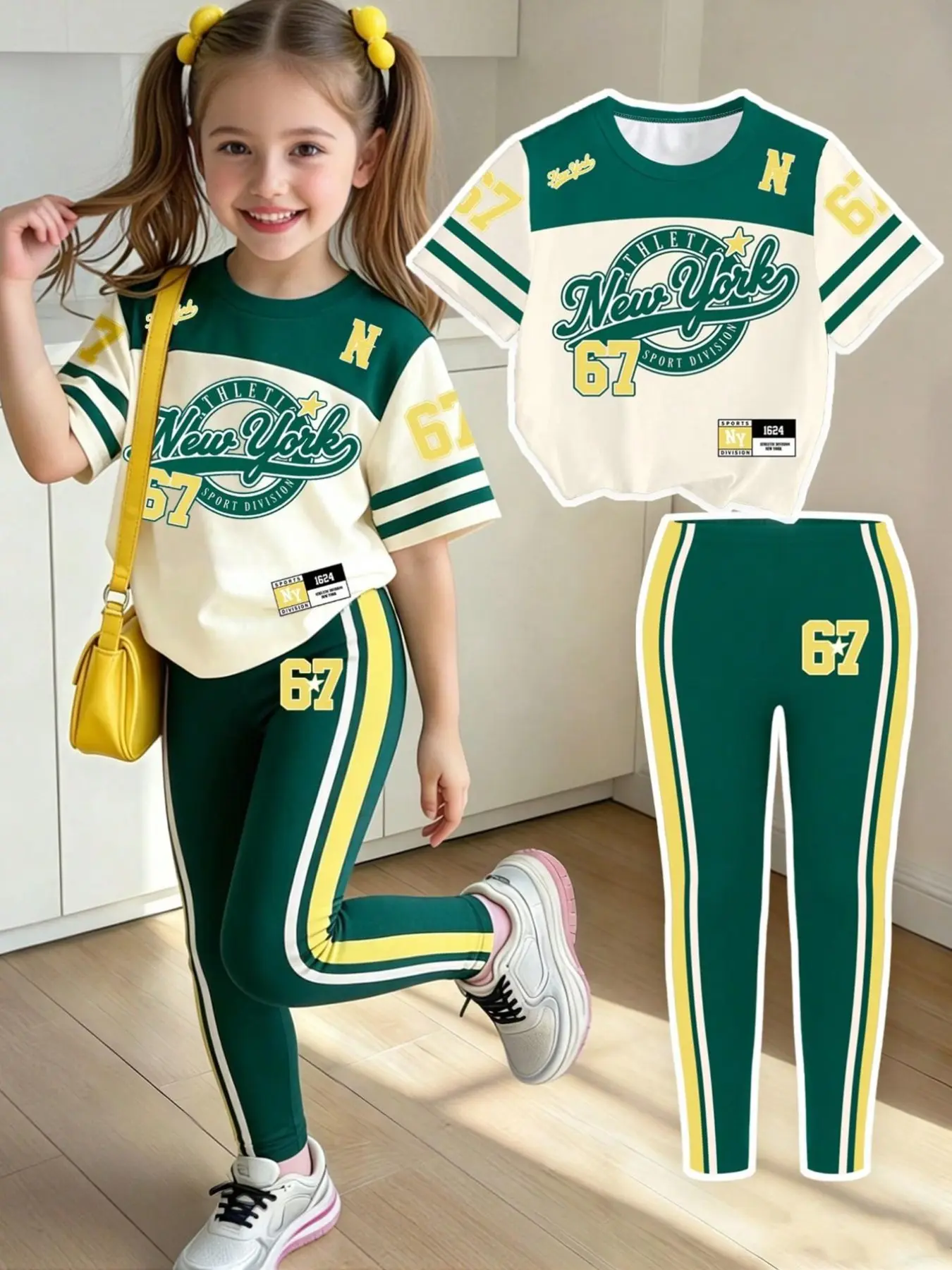 New York 67 Letter Print Set, Girls' Casual 2-Piece, Comfortable Elastic Waist Pants, Spring Summer Daily Wear, Ages 4-12, Graphic Print Set, Summer Clothing Set