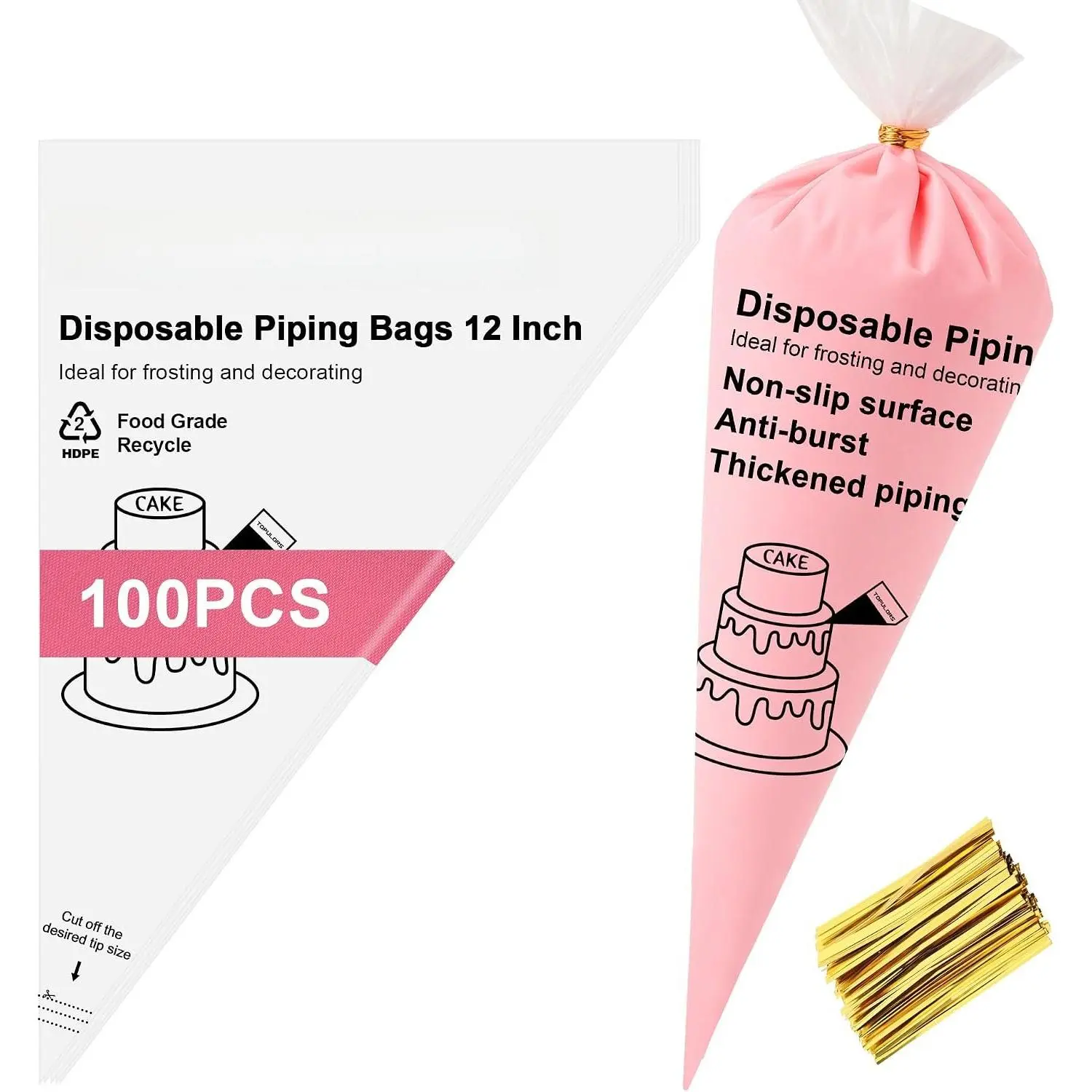 Disposable Piping Bags, 12"H 14" Full Size, 100 count Pastry Bags | With Twist Ties, Extra Thick  Resistant Non-Slip Tipless Icing Bag, Easy Squeeze for Cake Cookie Frosting Decoration