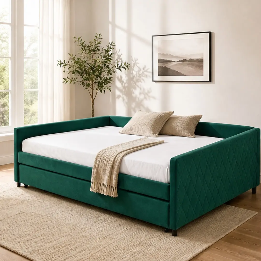 ARCH Full Size Upholstered Velvet Daybed with Trundle - Sturdy Wooden Frame, Modern Diamond Grid, Corner Shape, Space-Saving L-Shape, No Box Spring Needed, 110.00 lb, 58.70" w x 80.80" d x 22.70" h, Assembly Required, Emerald - for Bedroom, Guest Room, L,