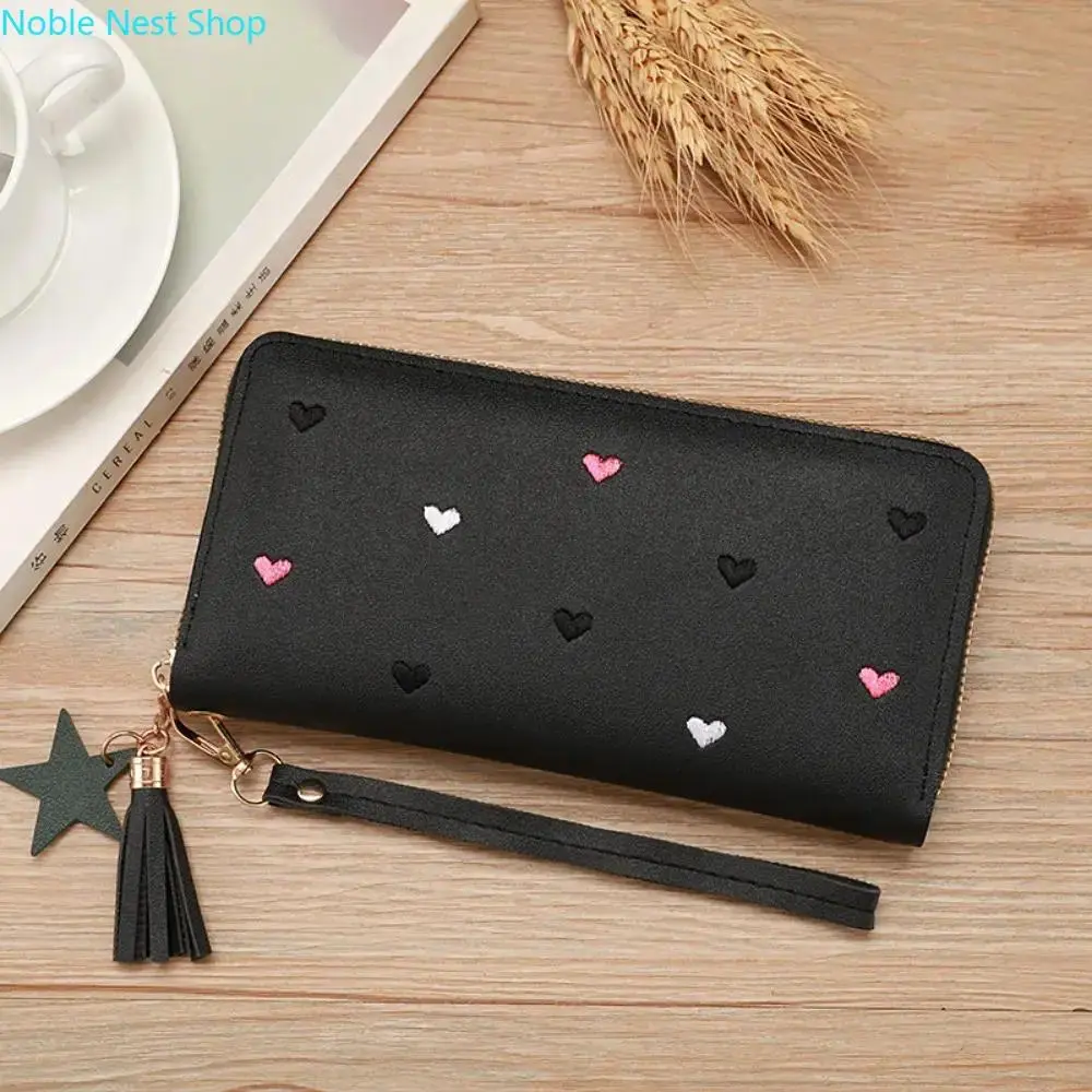 Women’s Embroidery Heart Long-Zipper Wallet, Soft Faux Leather Wristlet with Star Tassel Large Capacity Card Purse Daily Accessory