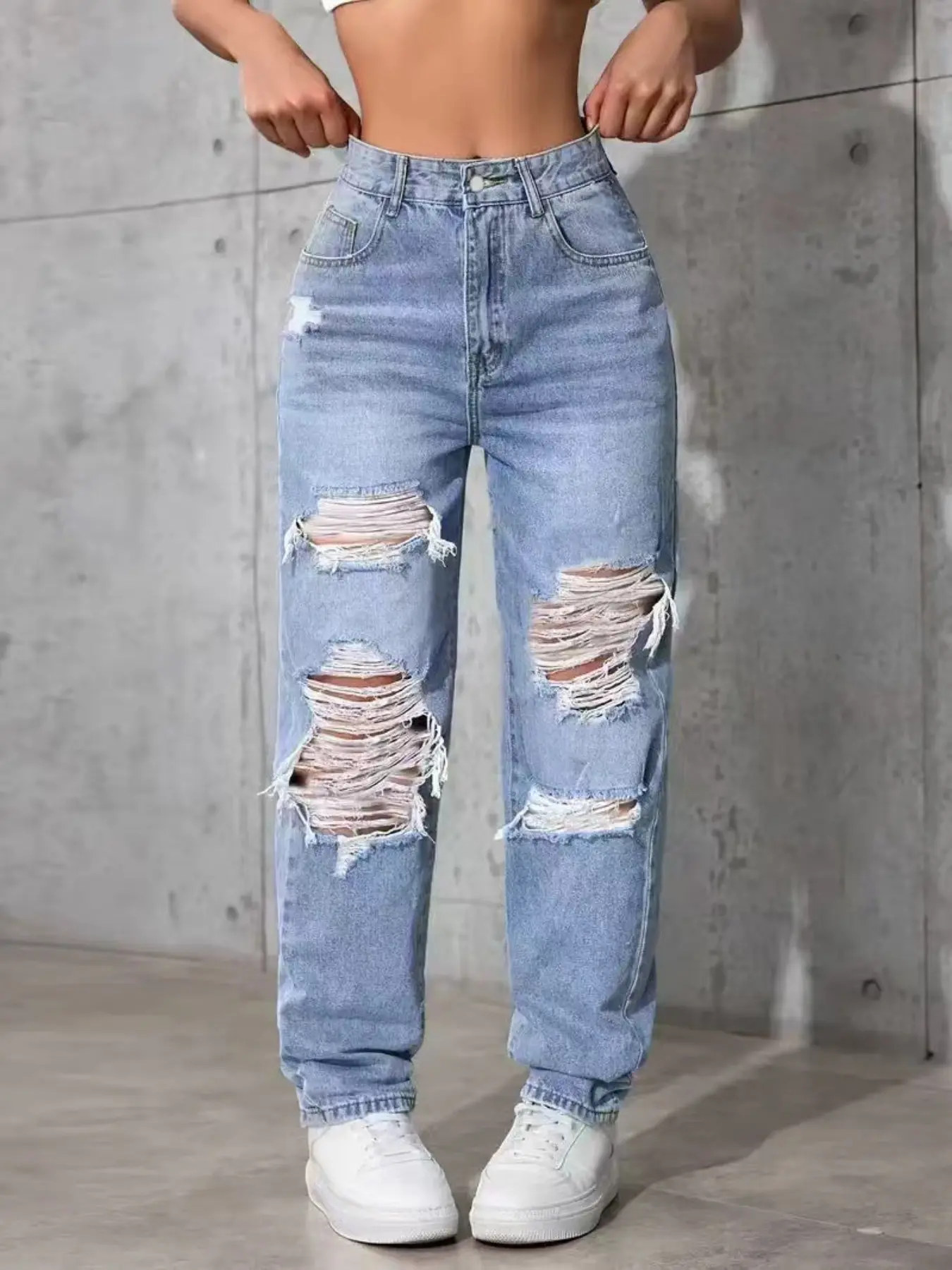 Women's Casual Ripped Distressed Stretch Waist Jeans with Rips, Non-Elastic Frayed Denim Dad Pants, Comfortable Long Bottoms for Everyday Wear