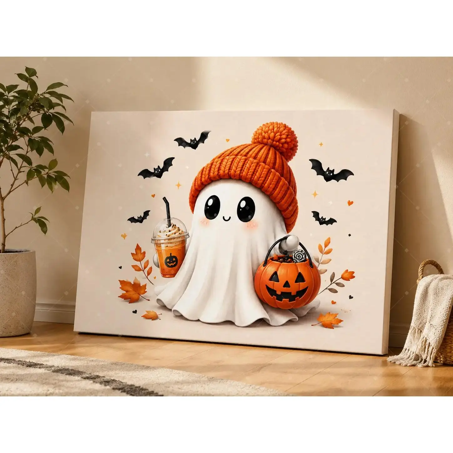 Trendy Decor Poster Print, Cute Knit Hat Ghost Pumpkin Latte Bat Autumn Canvas Wall Art, Warm Soft Halloween Fall Leaf Cartoon Painting For Bedroom Nursery Cafe Living Room Apartment Wall Decor, Available as Unframed Canvas Poster or Framed Canvas Wrap
