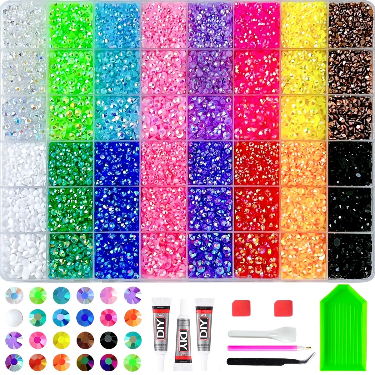 48 Colorful Rhinestone Set, DIY Craft Kit, Includes Tray and Pliers, Perfect for Clothing, Cups, Shoes, Fabric, Nail Art, Nail Art Accessories, Flatback Crystals, with Adhesive Glue, Diamond Painting, Christmas Gift
