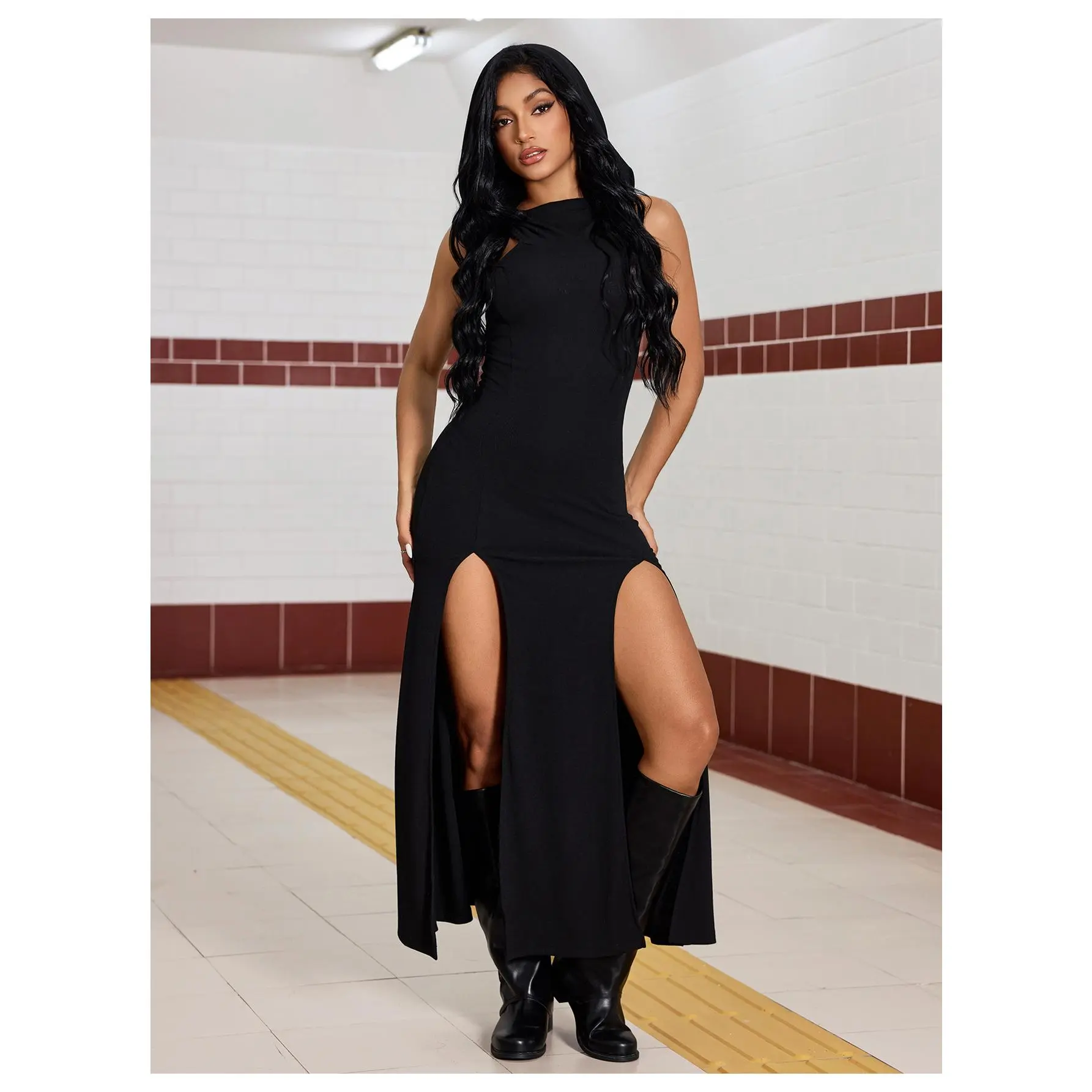 High Slit Hoodie Long Dress Rave Outifts Goth Dress Grunge Clothes, Y2K Concert Outfits