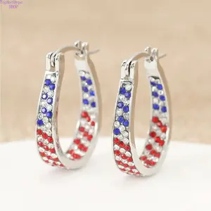 Women's Patriotic Hoop Earrings, 2 Pack Sparkling Red & Blue Rhinestone Jewelry for Independence Day Party & Daily Wear, Hoop Shape