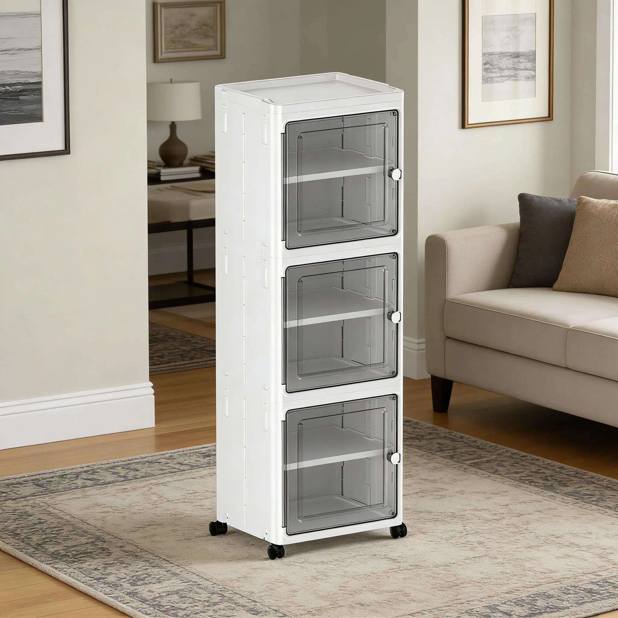 White Folding Modern 3-Tier Tall Transparent Rectangular Dustproof Bathroom Storage Cabinet - Freestanding Mobile Rolling Home Organizer, Collapsible Plastic Bin for Kitchen, Laundry Room, Folding Storage Cabinet