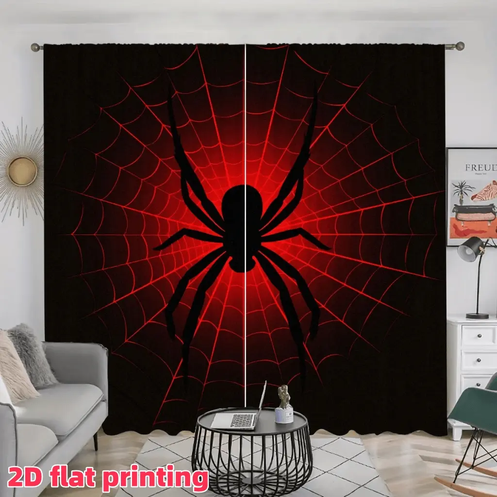 2D Flat 2Pcs Spider Web Pattern Semi-Sunshade Curtains for Living Room, Bedroom, Balcony, Study, Home Window Decor, Privacy Protection Curtains.