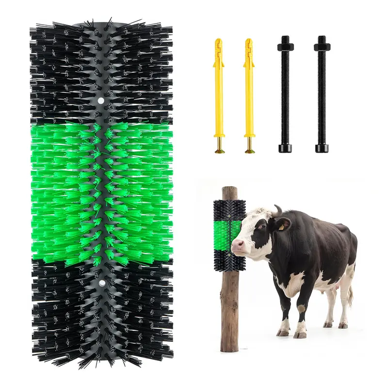 VEVOR 1 Piece Livestock Scratch Brush Post, 16.9" x 7.5" (Brush Width: 7.5 in) Dense Bristles Cow/Horse/Pig Hair Removal Tool, PBT+PP Plastic Green & Black, Flexible Connection, Adjustable Mounting Height, 4 Screws for Easy Barn Installation