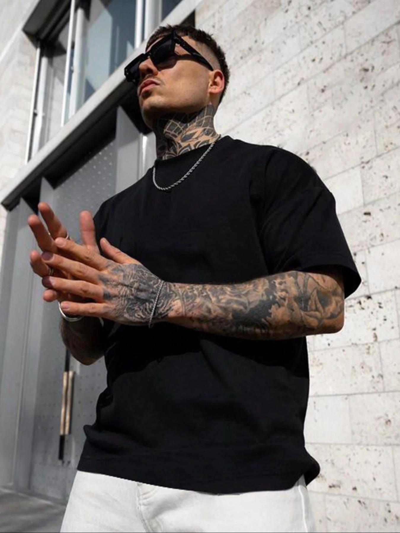 Men's Loose Fit Solid Drop Shoulder Tee, Casual Short Sleeve Round Neck T-shirt for Summer, Streetwear Men's Top for Daily Wear