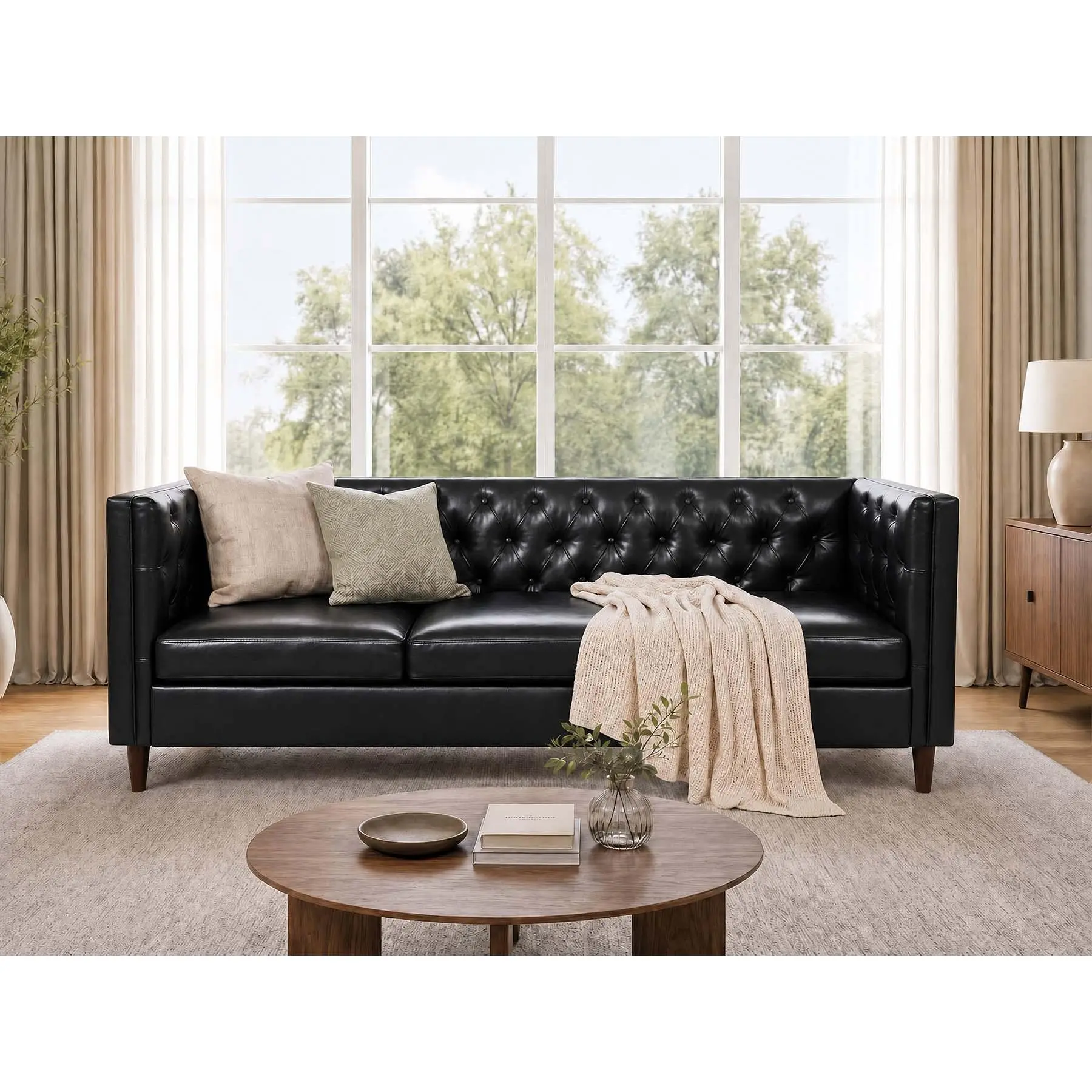 Modern 81" 3-Seater Leather Sofa for Living Room – Deep Seat Chesterfield Couch – Handmade Button Tufted – Stylish & Comfortable Wooden Armrests – Mid Century Design