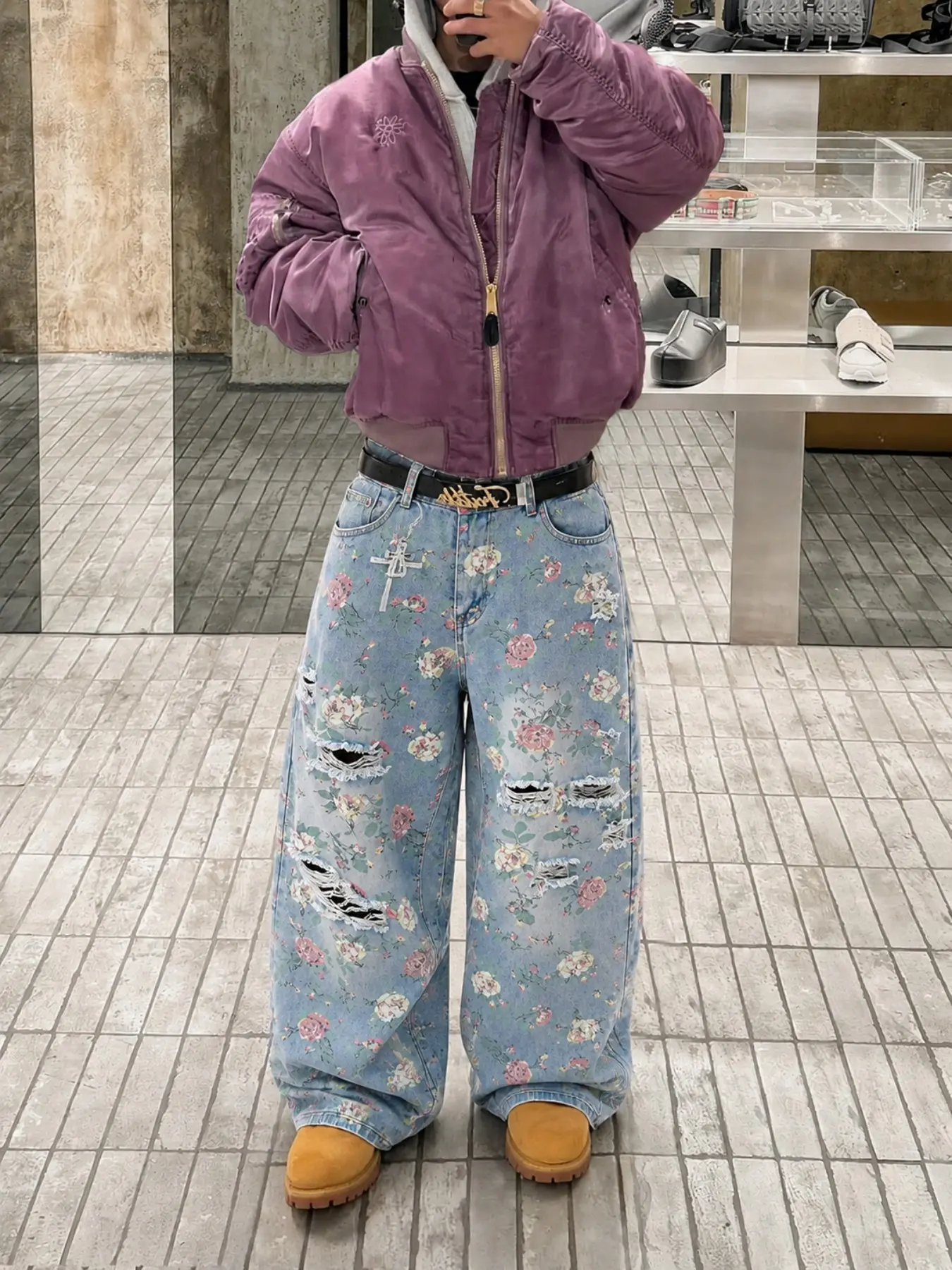 Men’s Light Blue Floral Print Baggy Jeans with Distressed Ripped Details, Wide Leg Y2K Streetwear Denim Pants