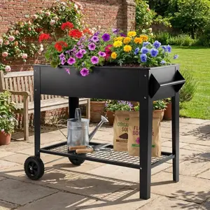 Heavy-Duty Raised Garden Bed with Wheels - Steel Planter Box with 32-inch Height, 400 Lbs Capacity, 4 Years of Rust Protection, 5-Hole Drainage, Detachable Storage Shelf - Ideal for Patio, Backyard