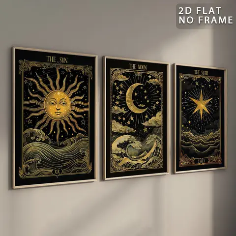 Vintage Tarot Card Pattern Unframed Painting, 3 Counts/set Earthy Boho Printing Canvas Posters, Unique Artwork, Astrology Print, Eclectic Wall Art Decor for Home Living Room Bedroom Dining Room, Ornaments