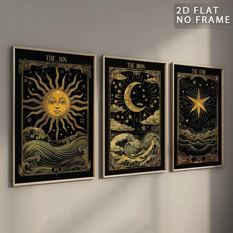 Vintage Tarot Card Pattern Unframed Painting, 3 Counts/set Earthy Boho Printing Canvas Posters, Unique Artwork, Astrology Print, Eclectic Wall Art Decor for Home Living Room Bedroom Dining Room, Ornaments