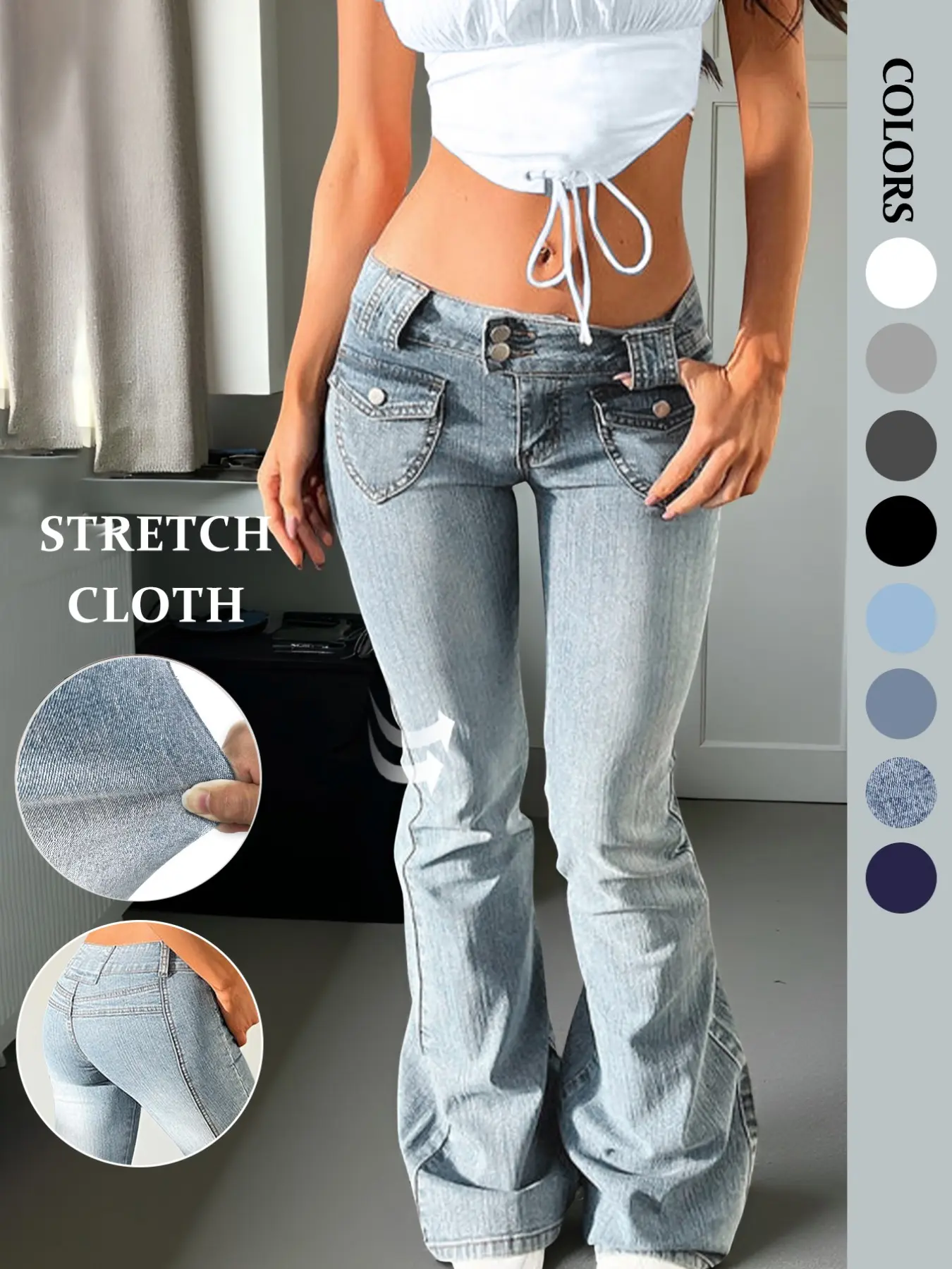 Women's Y2K Streetwear Slim Fit Flare Leg Jeans, Low Waist Denim with Pockets and Button, Comfortable Daily Wear, Suitable for All Seasons