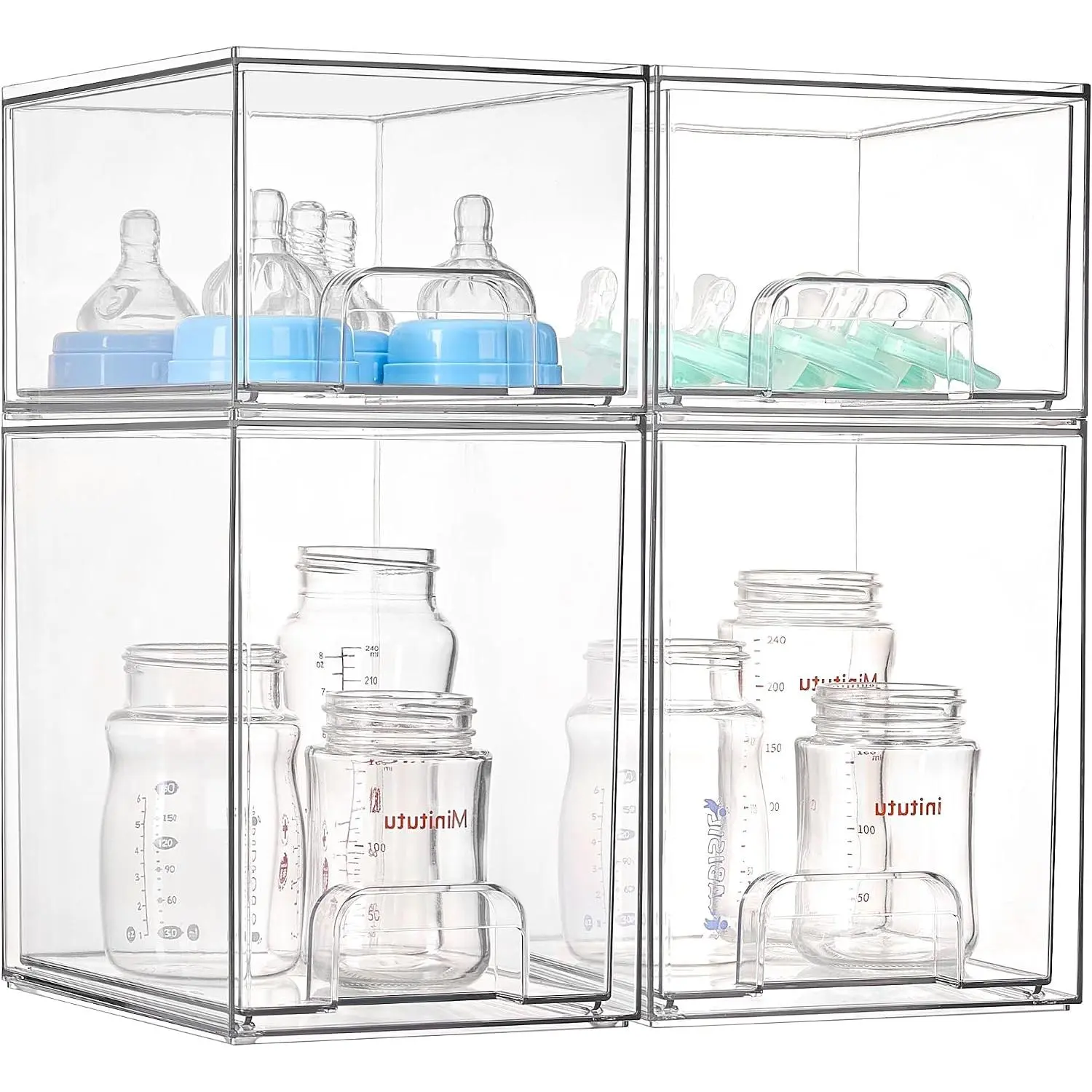 4 Pack Stackable Clear Drawer Storage Organizer, Dustproof Acrylic Baby Bottle Holder for Pantry, Nursery Cabinet, Sorting Milk Bottles Pacifiers Feeding Supplies