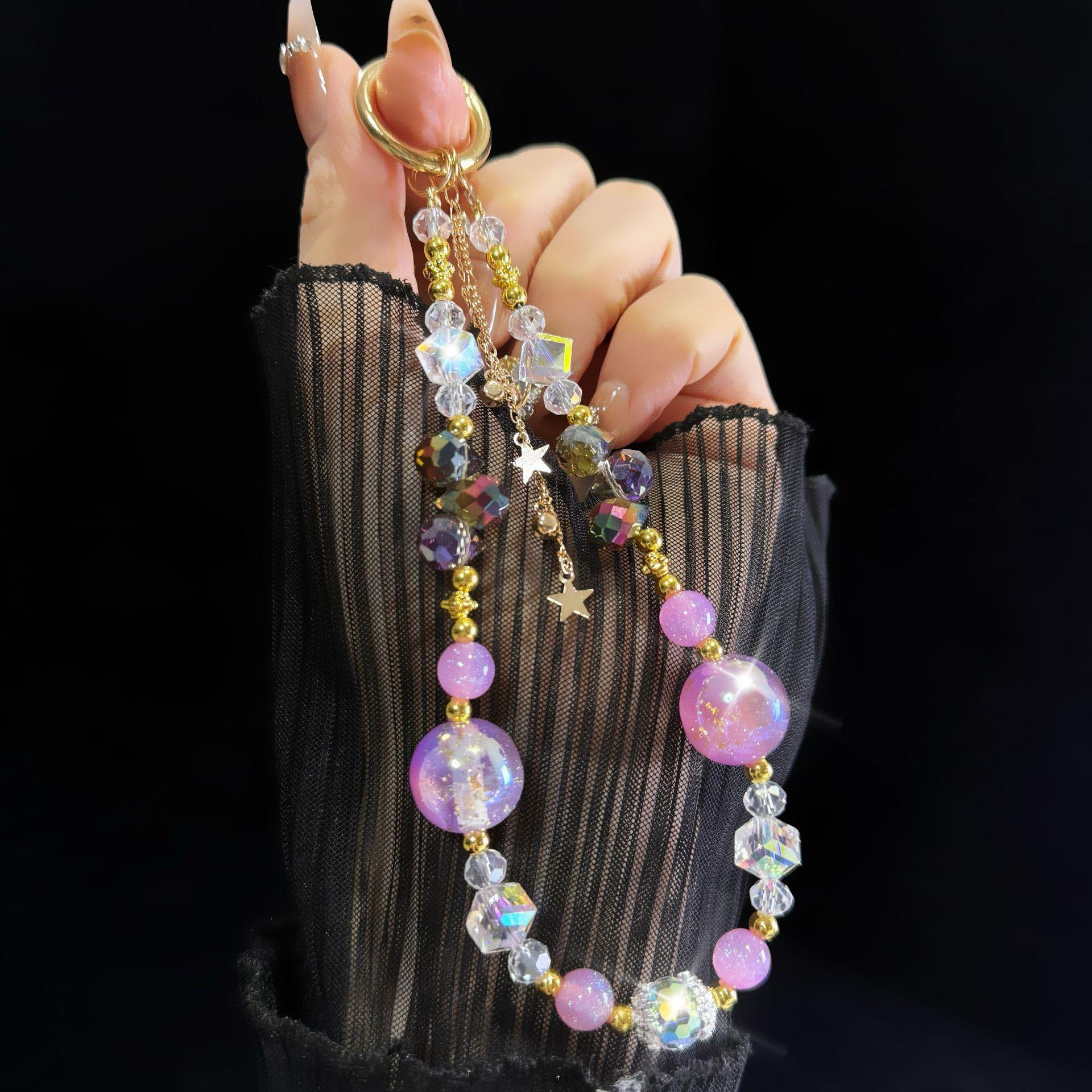 For Light Luxury Crystal Mobile Phone Chain Beaded Short Wrist Chain Fashion Butterfly Pendant Gold Leaf Hand-Made Lanyard