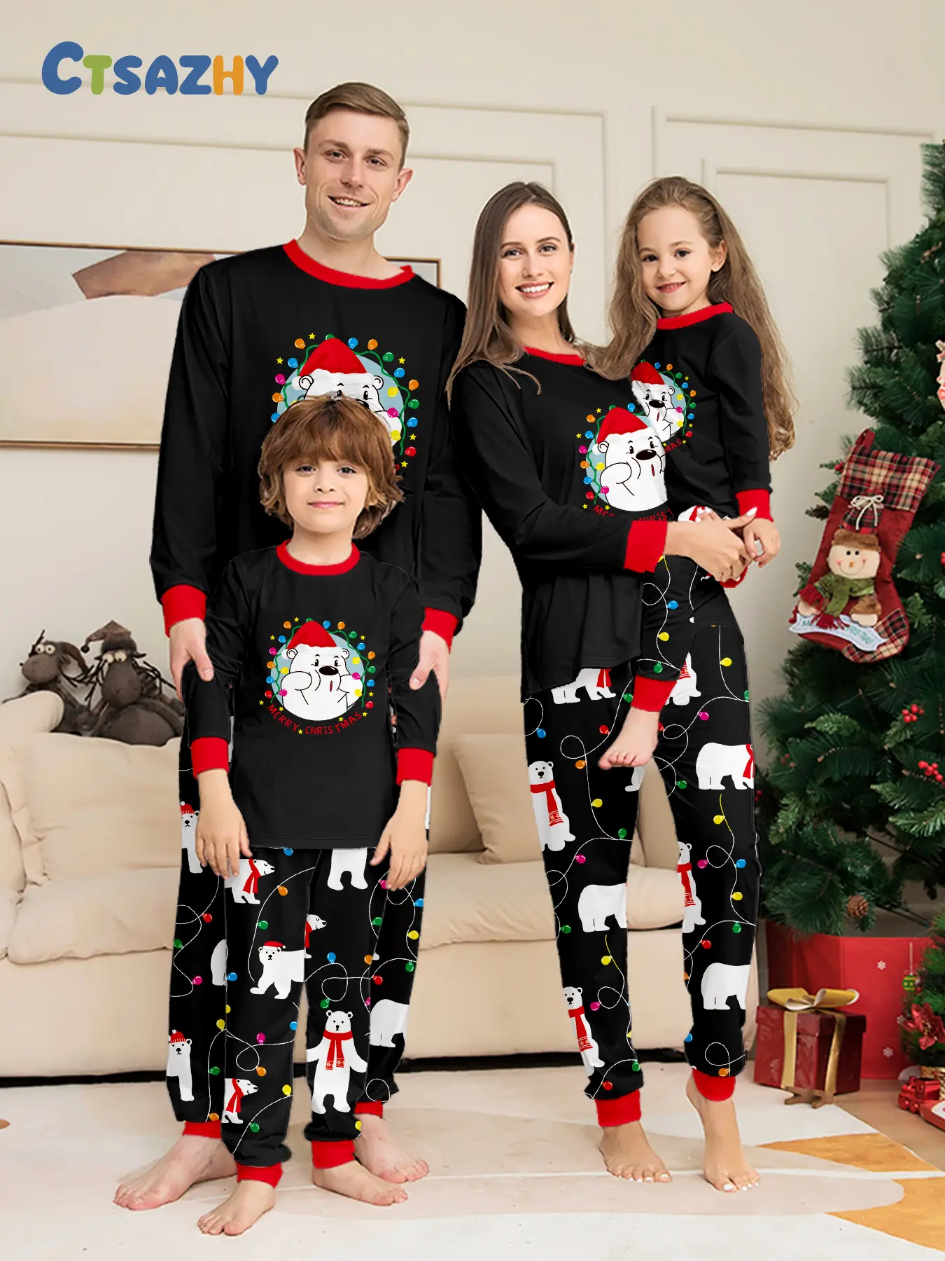 Family Christmas Pajama Set, Polar Bear Design, Long Sleeve Top & Pants, Soft Breathable Knit, Casual Fall Winter Wear, Zy-08 Batch