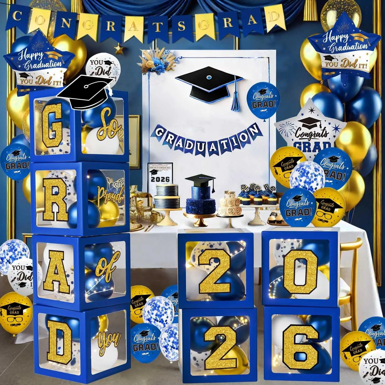 2026 Graduation Decoration Kit, Blue & Gold Class Colors Paper Balloon Boxes with GRAD Letters, 4 Foldable Durable Easy-Clean Ribbon-Adorned Boxes for High School Photo Wall Party Decor
