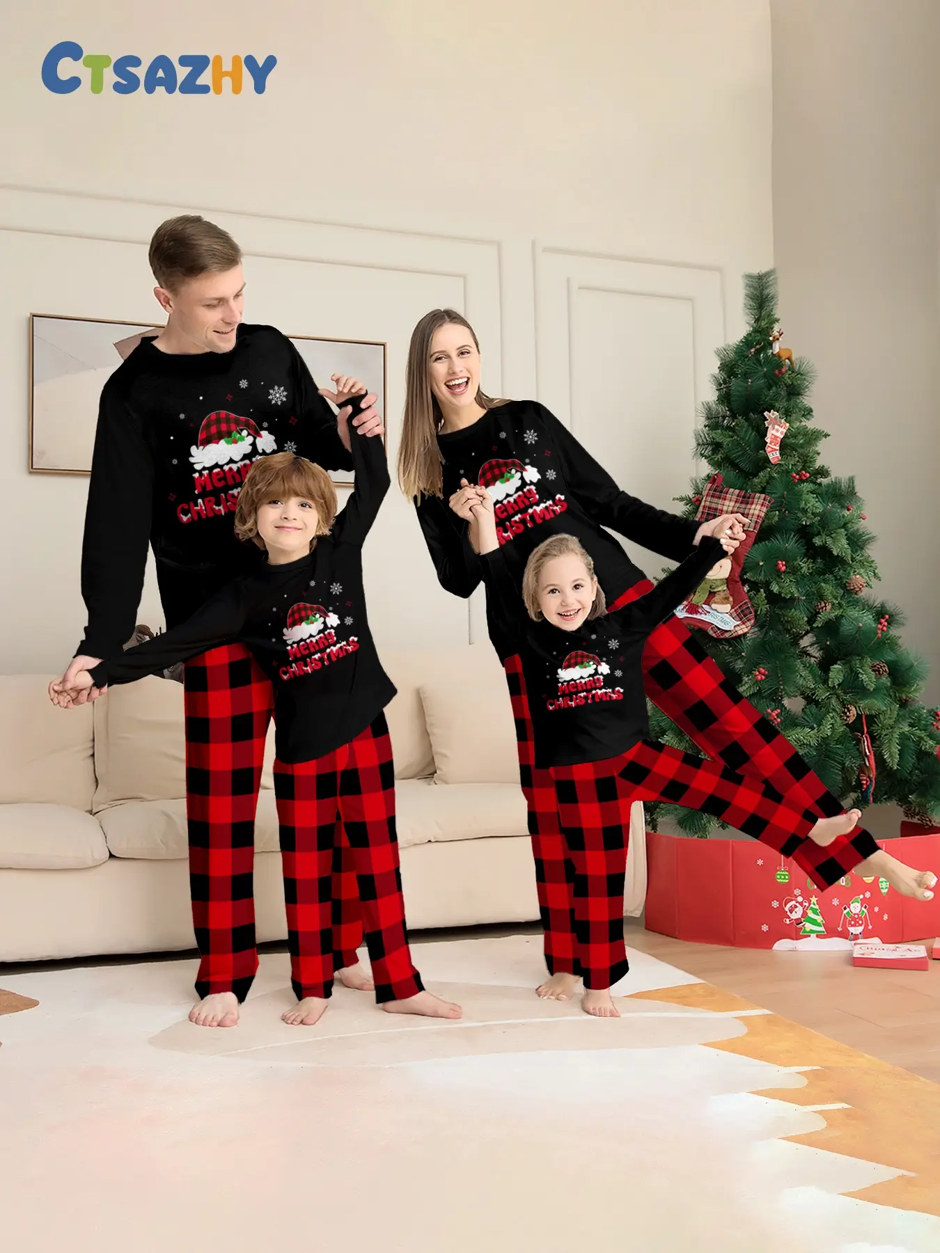 Christmas EIk Famly Matching Pajamas Set 4 Pcs Long Sleve Rd Xmas Printed Sofit Warm Loungeweas Holiday Family Sleepwear for Men Women Kids Chistmas Gif Outft