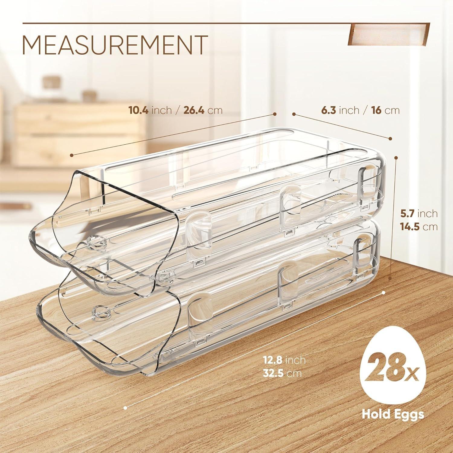 Egg Holder for Fridge, Automatic Rolling Egg Container for Refrigerator, Clear Plastic Egg Dispenser, Stackable Eggs Organizer with Quick Removable inner Tray For Organizers and Storage, 2 Pack