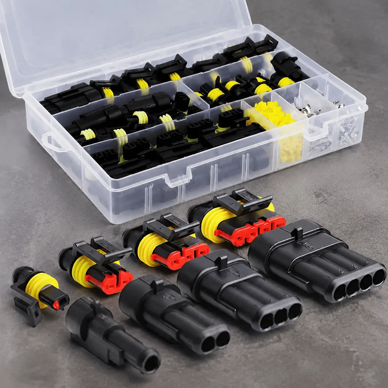 Waterproof Electrical Connector Kit, 12A Weatherproof Socket Set with Storage Box, 1/2/3/4 Pin Mixed Terminals, 300V Automotive Wire Harness Connectors for DIY Car Truck Electrical Repair & Installation Tools, Wiring Connectors Kit