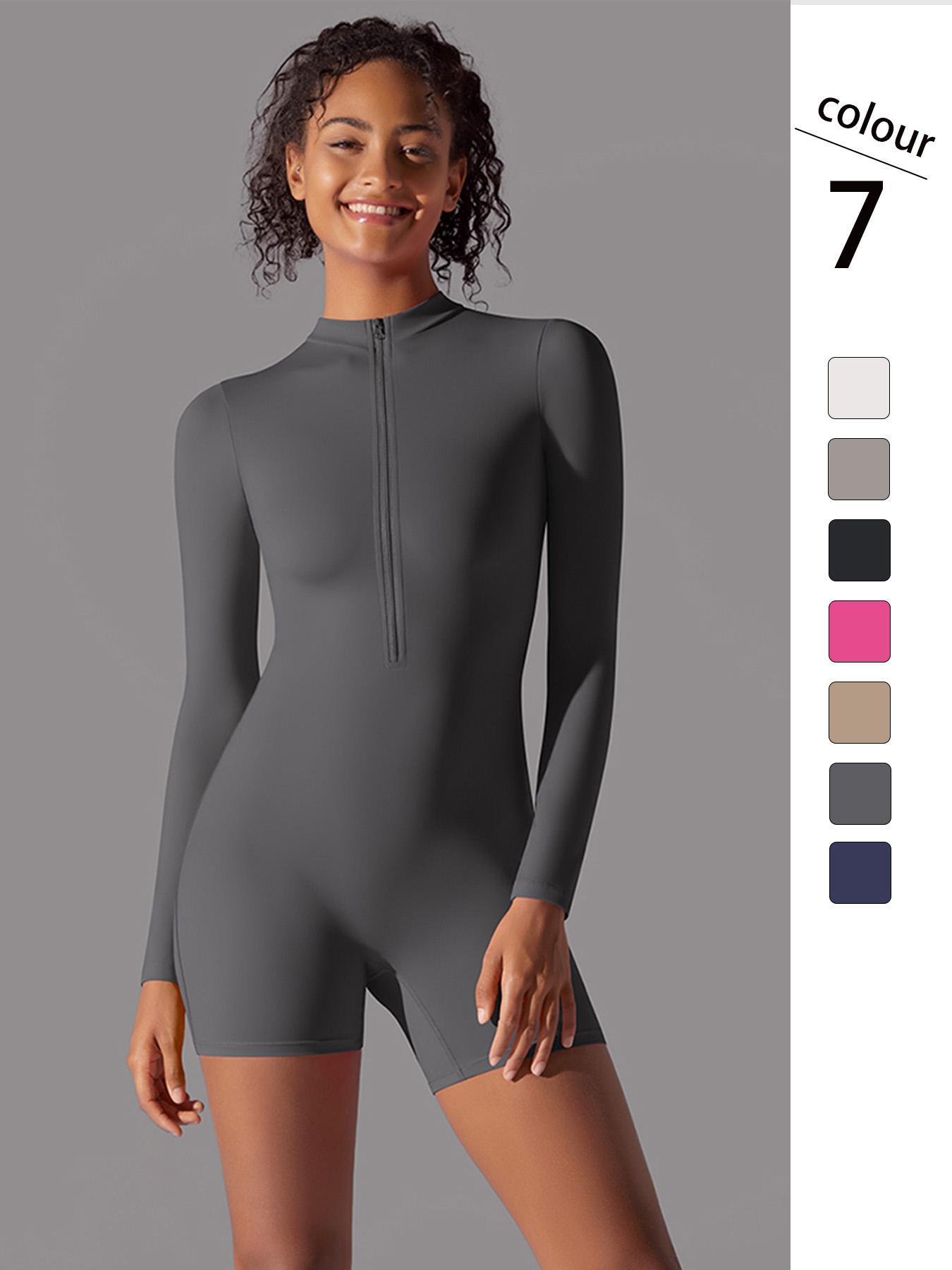 Women's Solid Zip Up Thumb Hole Design Sports Jumpsuit, Long Sleeve Stand Collar Jumpsuit for Yoga Gym Workout, Ladies Sportswear for All Seasons, Stretchable Activewear