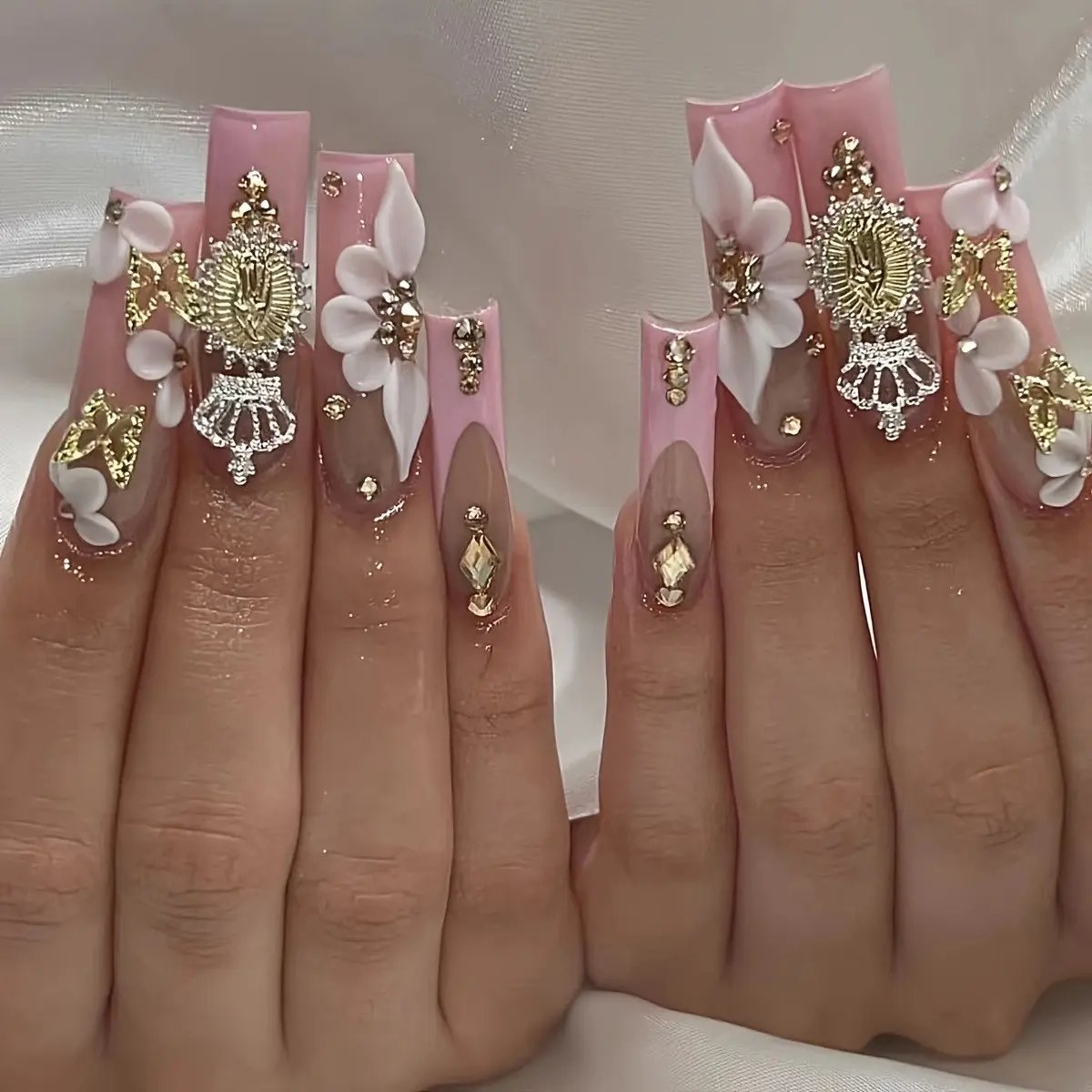 24pcs Long Coffin Press on Nails, Nude French Tip, 3D Flower, Cross, Rhinestone Charms, Glossy Reusable False Nails