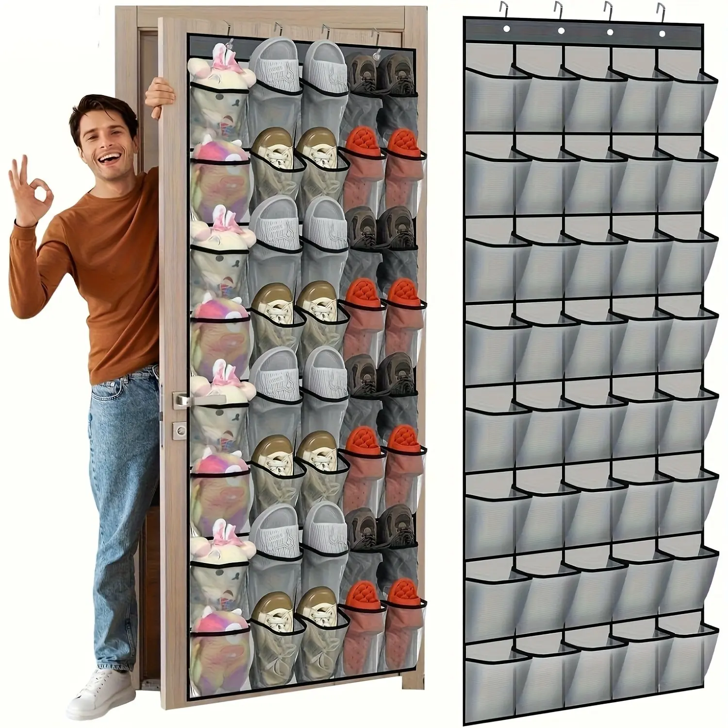 40-Slot Large Capacity Over-the-Door Hanging Organizer, Shoe Storage Rack with 4 Hooks - Space-Saving Vertical Design for Wardrobe, Dormitory, Garage & Bathroom, Foldable Door-Mounted Shelf for Shoes, Clothes, Books & More, Easy Home Organization in Gray/