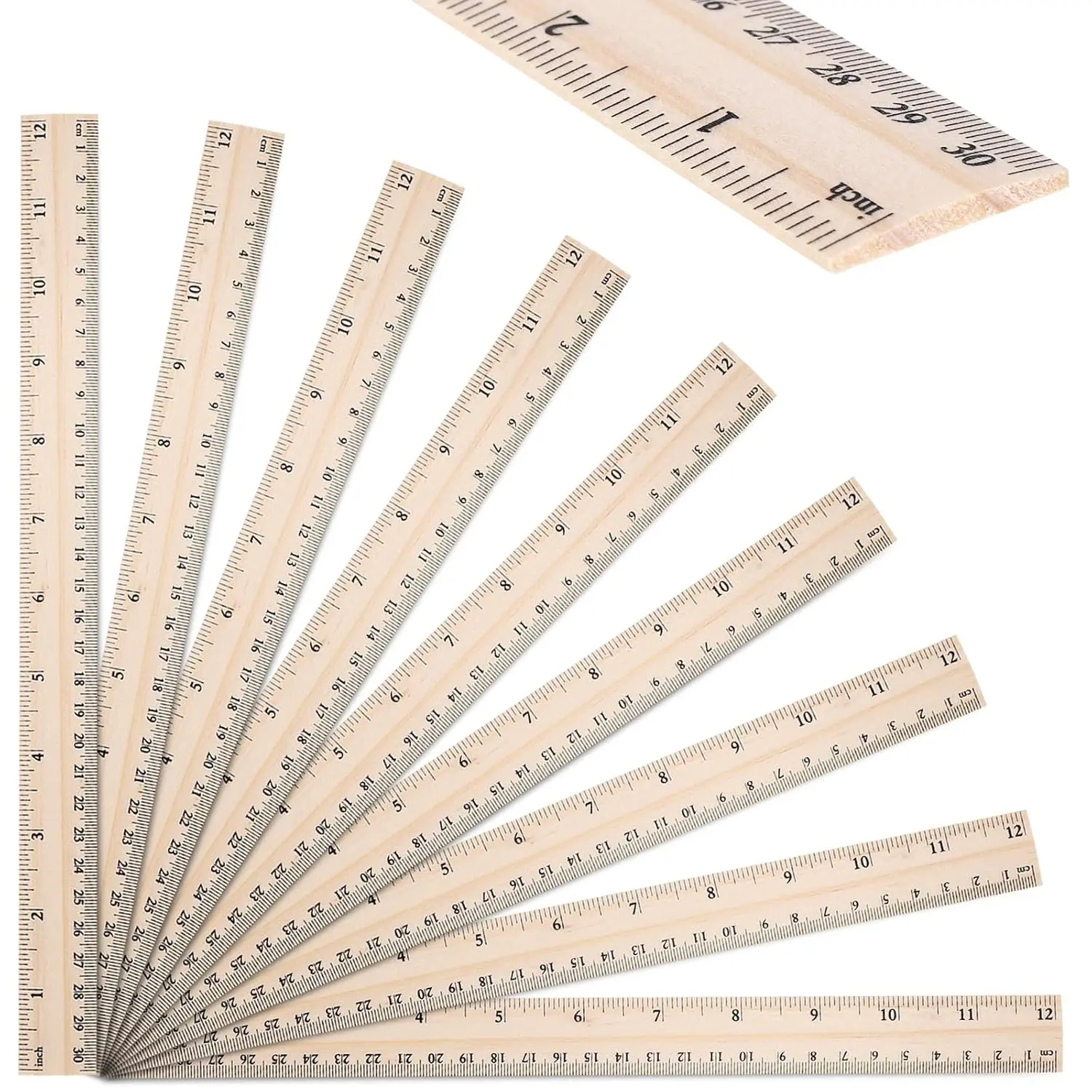40 Pack Wooden Ruler 12 Inch Rulers Bulk Wood Measuring Ruler for Students Teachers Classroom 2 Scale