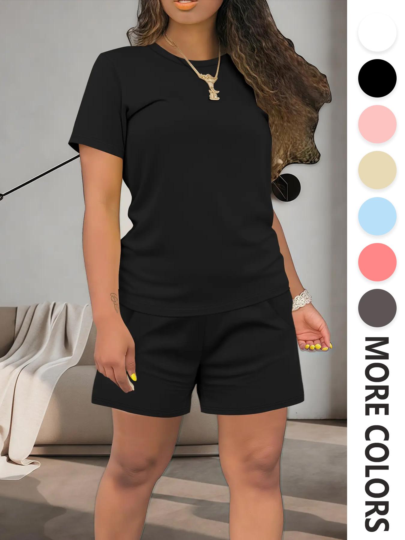 Women's Summer Casual Set, Regular Fit Short Sleeve Top & Shorts, Plain Color Women's, Comfortable Daily Wear
