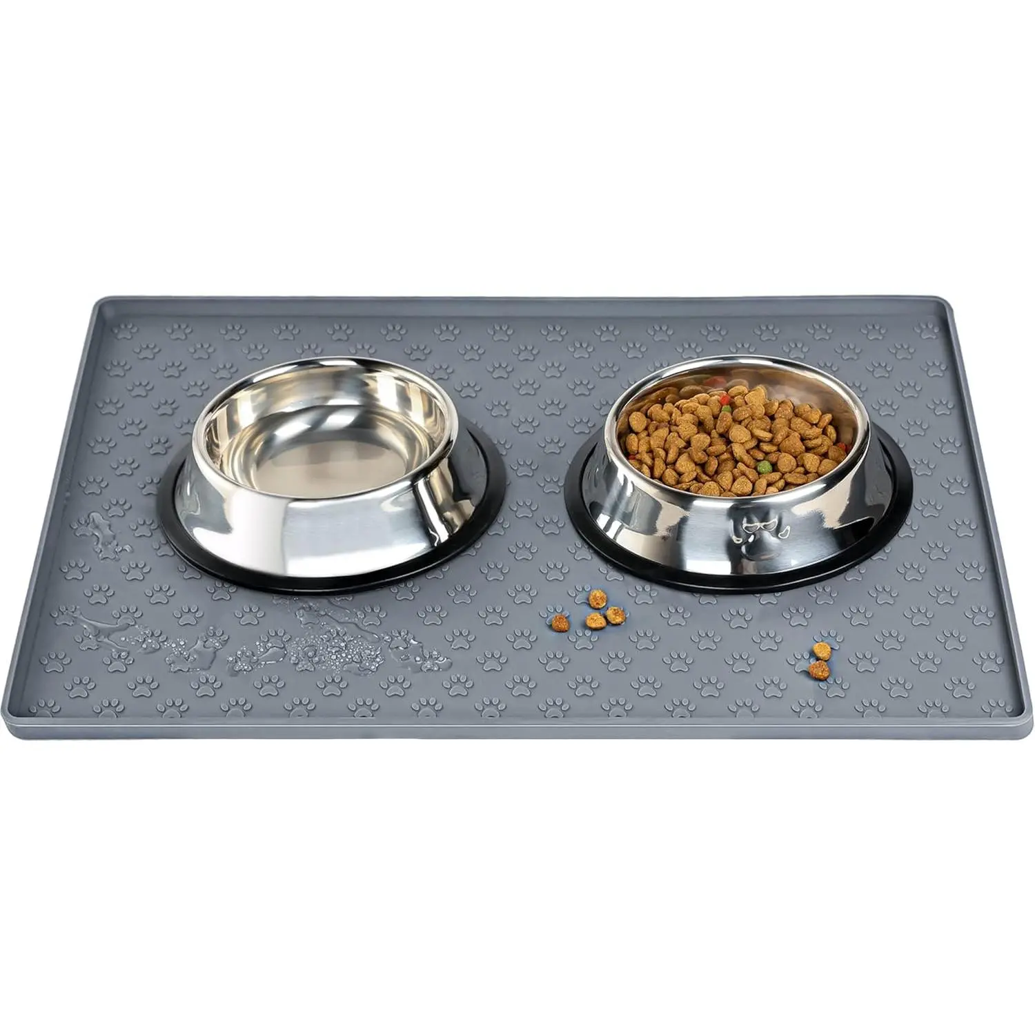 Silicone Pet Food & Water Mat for Dogs - 18.9x11.8in, 0.4 inches Thick, Paw Prints Design, Anti-Messy Raised Edges, Waterproof, Non-Slip Dish Mat for Bedroom Floors