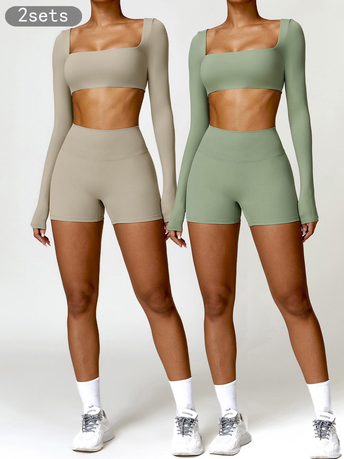 Women's Solid Long Sleeve Crop Tee & High Waist Shorts Tracksuit Set, Sporty Square Neck Top & Short Leggings for Yoga, Ladies Sportswear, Workout Running Clothes