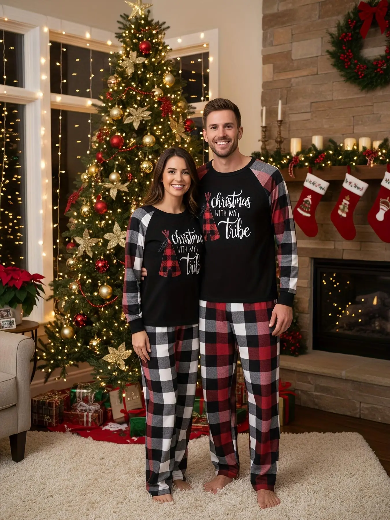 Christmas Themed English Print Raglan Top with Red & Black Plaid Pants Couple Long Sleeve Pajama Set