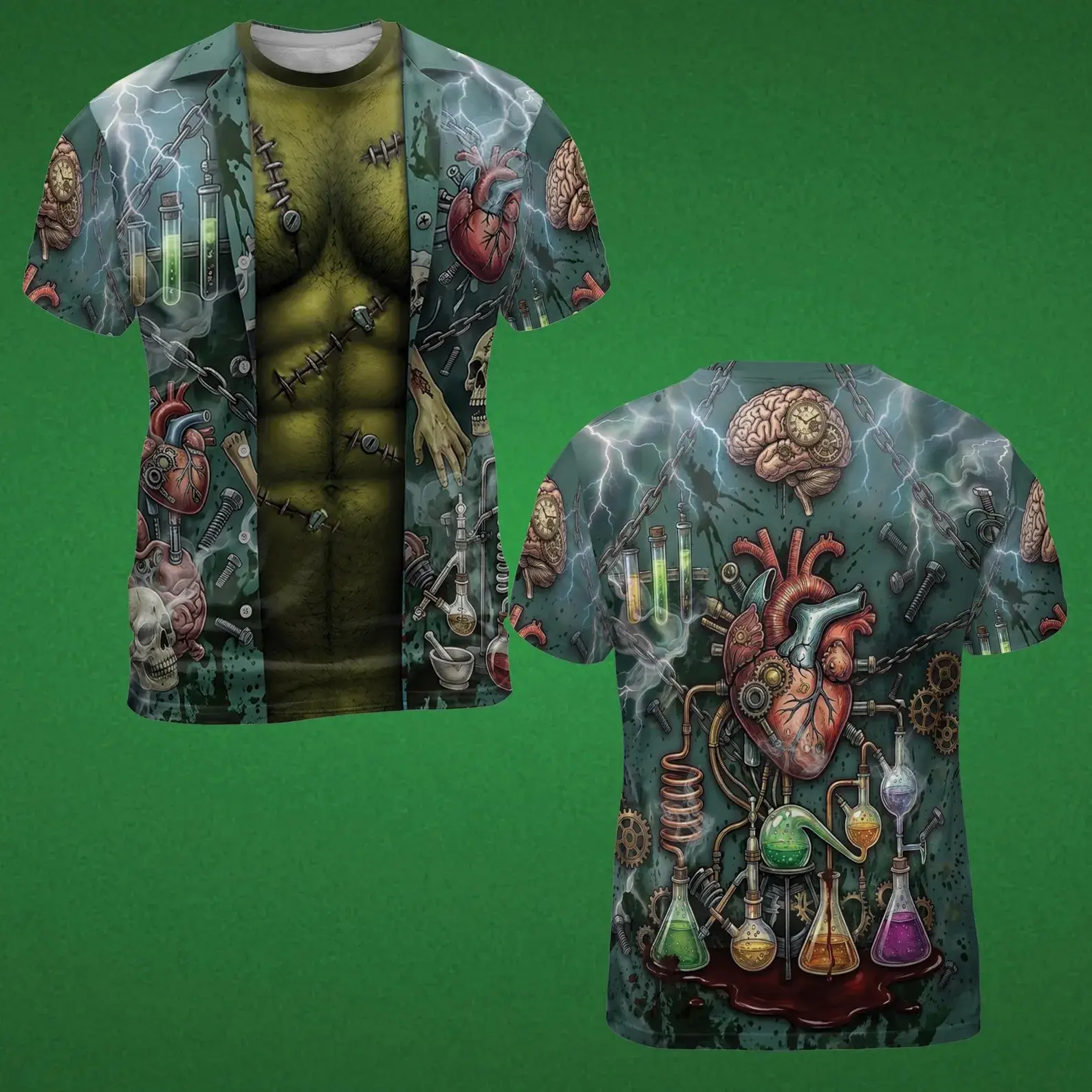 Unisex Short Sleeve T Shirt Green Frankenstein Monster Anatomy Print Science Lab Equipment Graphic Casual Halloween Costume Party Apparel