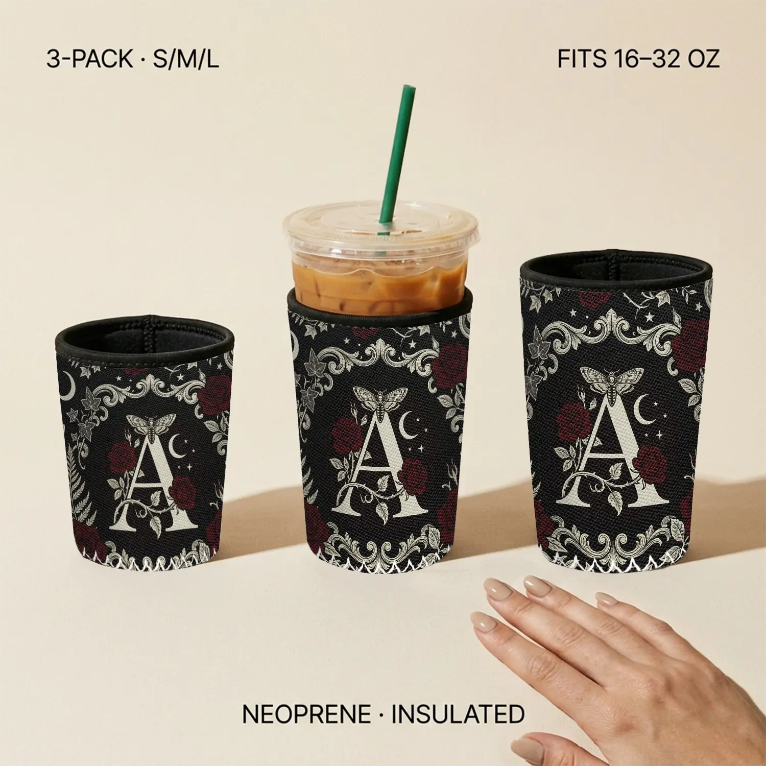 Midnight Bloom Iced Coffee Sleeve Set of 3, Gothic Rose Initial A Dark Academia, S M L Cold & Condensation-Proof, Reusable Washable, Fits 16-32oz Cups, Ideal Gift for Holidays & Parties