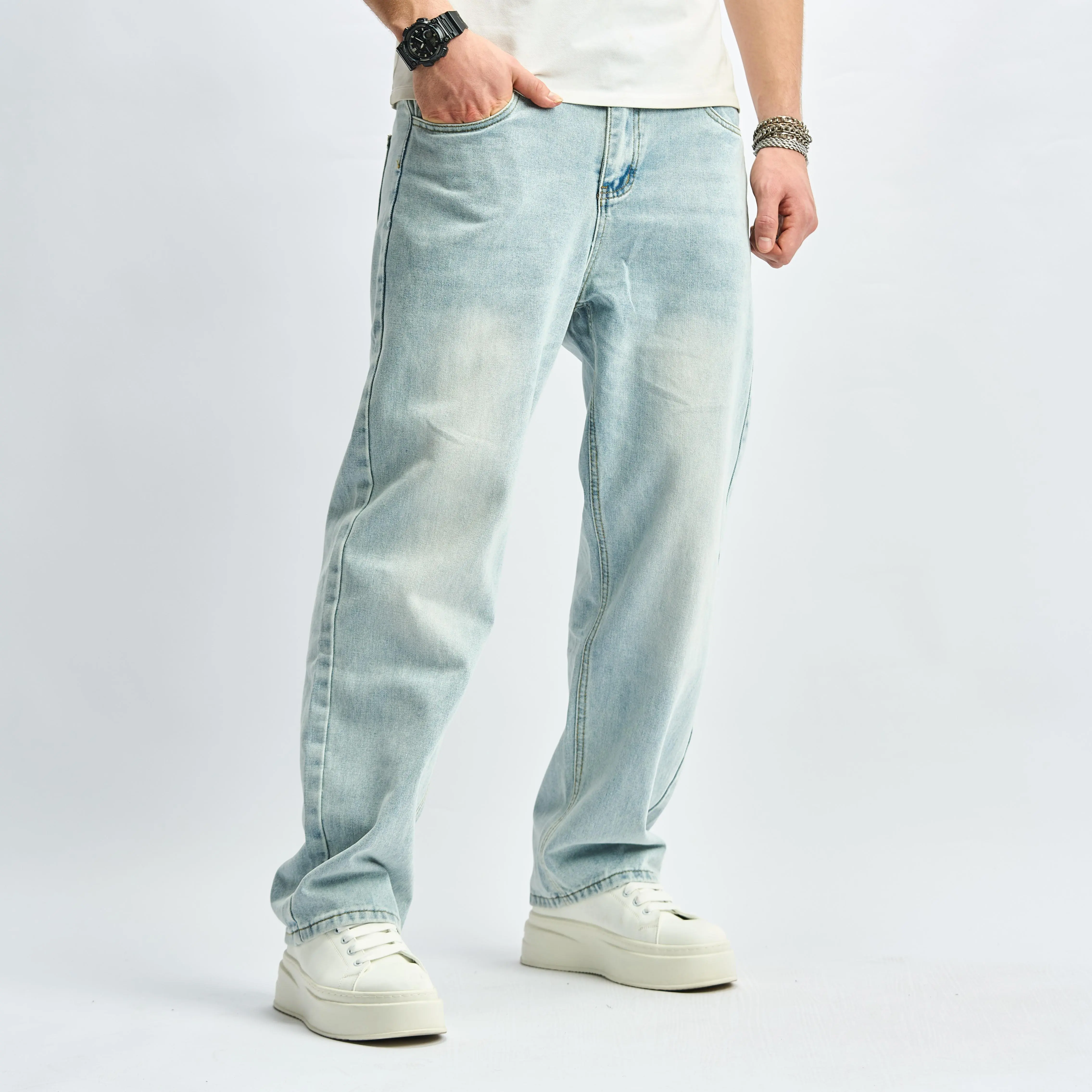Men's Loose Fit Denim Jeans, Straight Leg Pants for Streetwear, Plain Non-Elastic All-Season Menswear