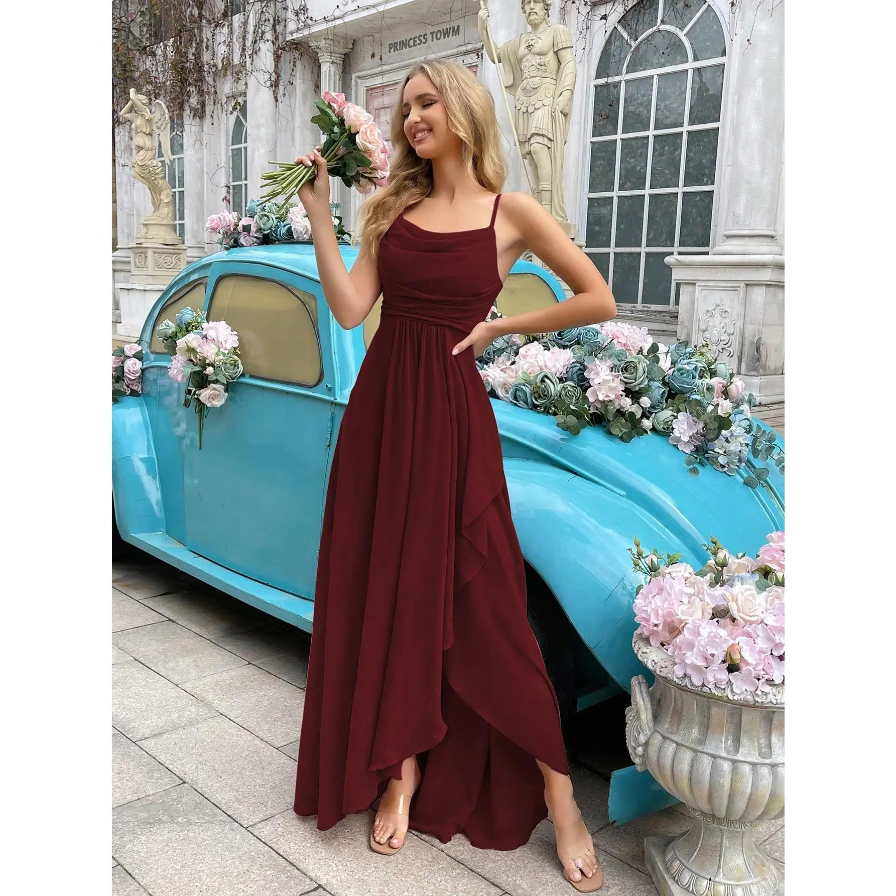 Women's Elegant Solid Color Cowl Neck Halter Formal Dress - Floor Length, Asymmetric Hem, Summer Style for Weddings, Formal Events (Sports & Outdoor Clothing)