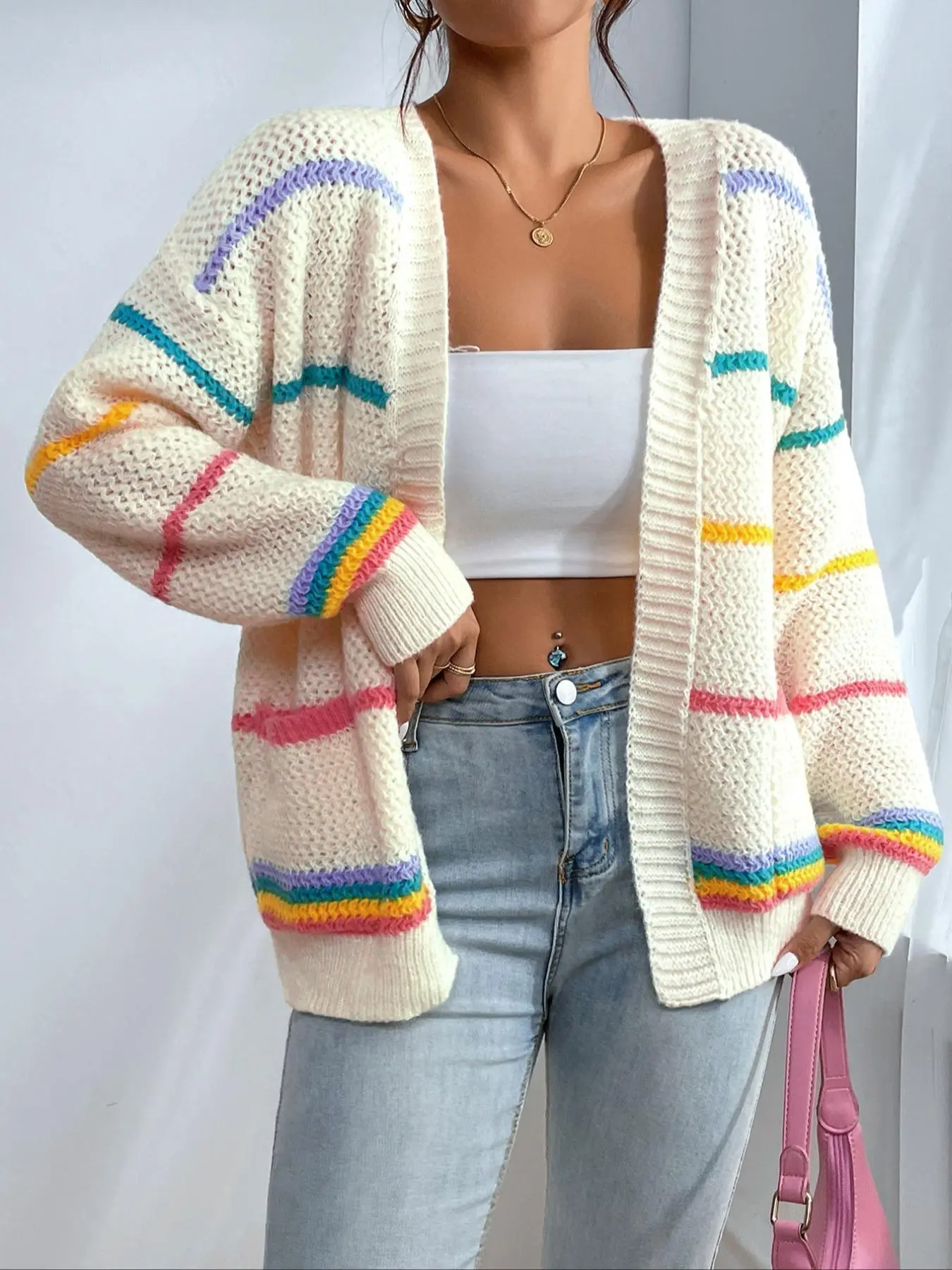 Women's Striped Open-Front Loose Cardigan, Casual Drop-Shoulder Long-Sleeve Pocket Knitwear Fit for Fall and Winter Daily Wear