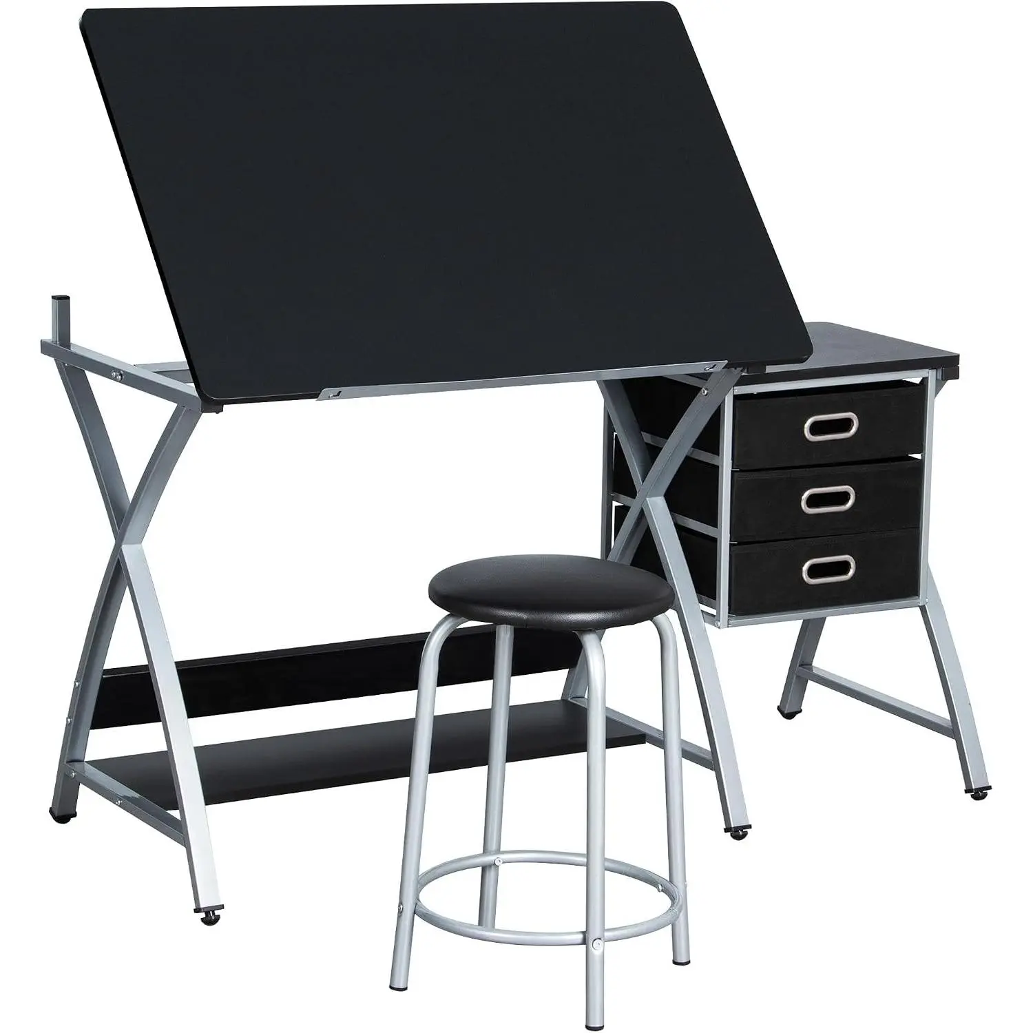 Drafting Desk, Drawing Table for Artists/Adults, Art Desk w/Stool and 3 Slide Drawers, Painting Studio Design Work Station, Adjustable Tabletop, Modern, 50.5 x 24 x 45 inch