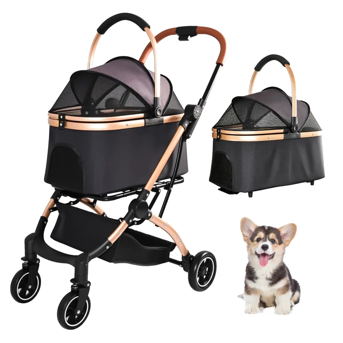 2-in-1 Detachable Foldable Pet Stroller With Removable Breathable Mesh Basket 28LBS Load 360 °   Shock Swivel Front Wheels One Foot Linked Brake Adjustable Sunshade Telescopic Handle Large Storage Basket For Small Medium Dogs Cats