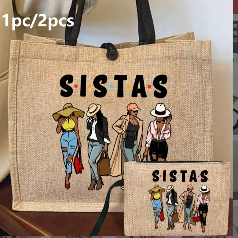 Fashion Women's Printed Handbag Set, Gift for Sister, Lightweight Canvas Shopping Bag, Portable Travel Beach Bag with Makeup Bag, Multifunctional Portable Bag, Lightweight Tote Bag, Everyday Bags, Lightweight Versatile Tote